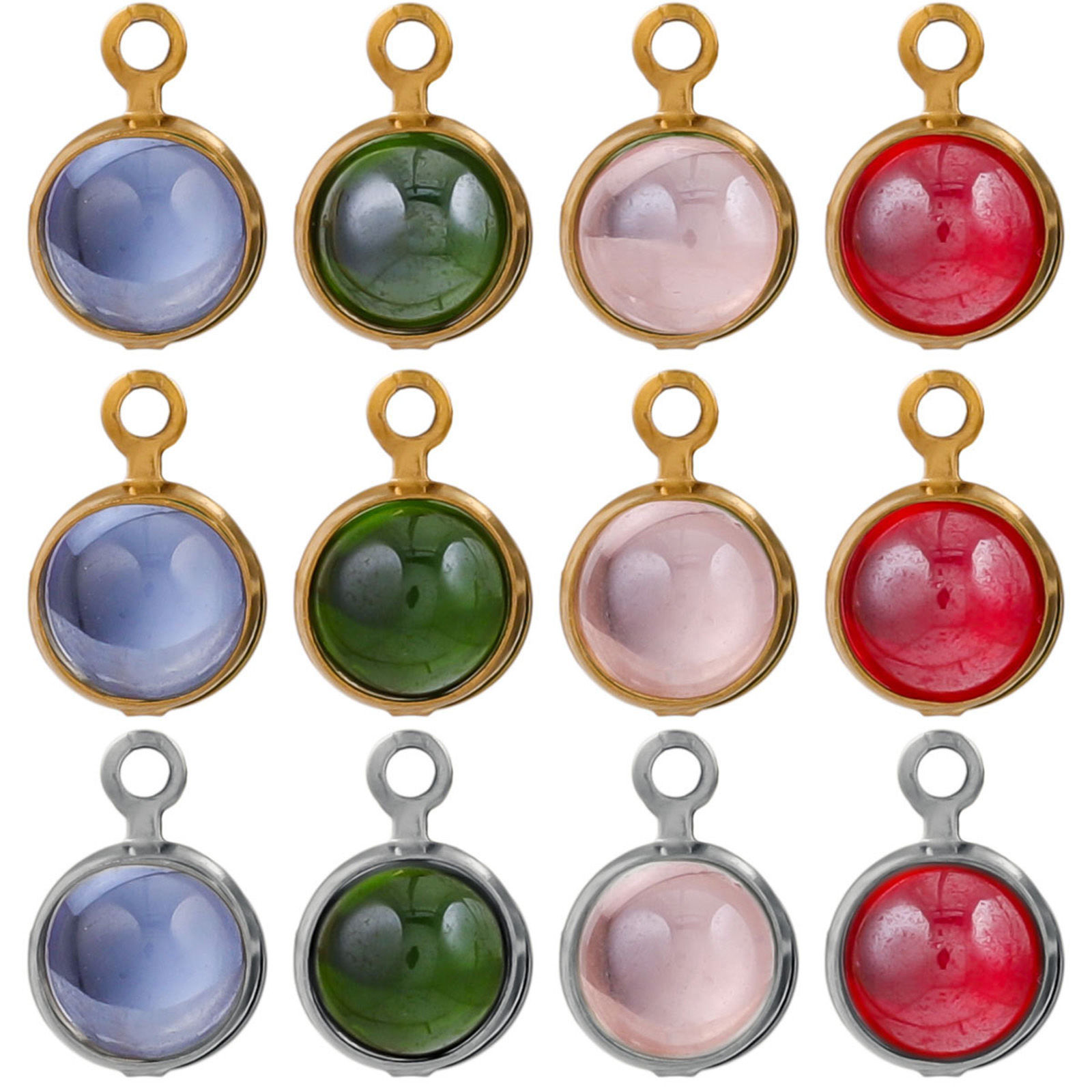 Picture of Eco-friendly 304 Stainless Steel & Glass Mini Charms Round 6.5mm x 10mm