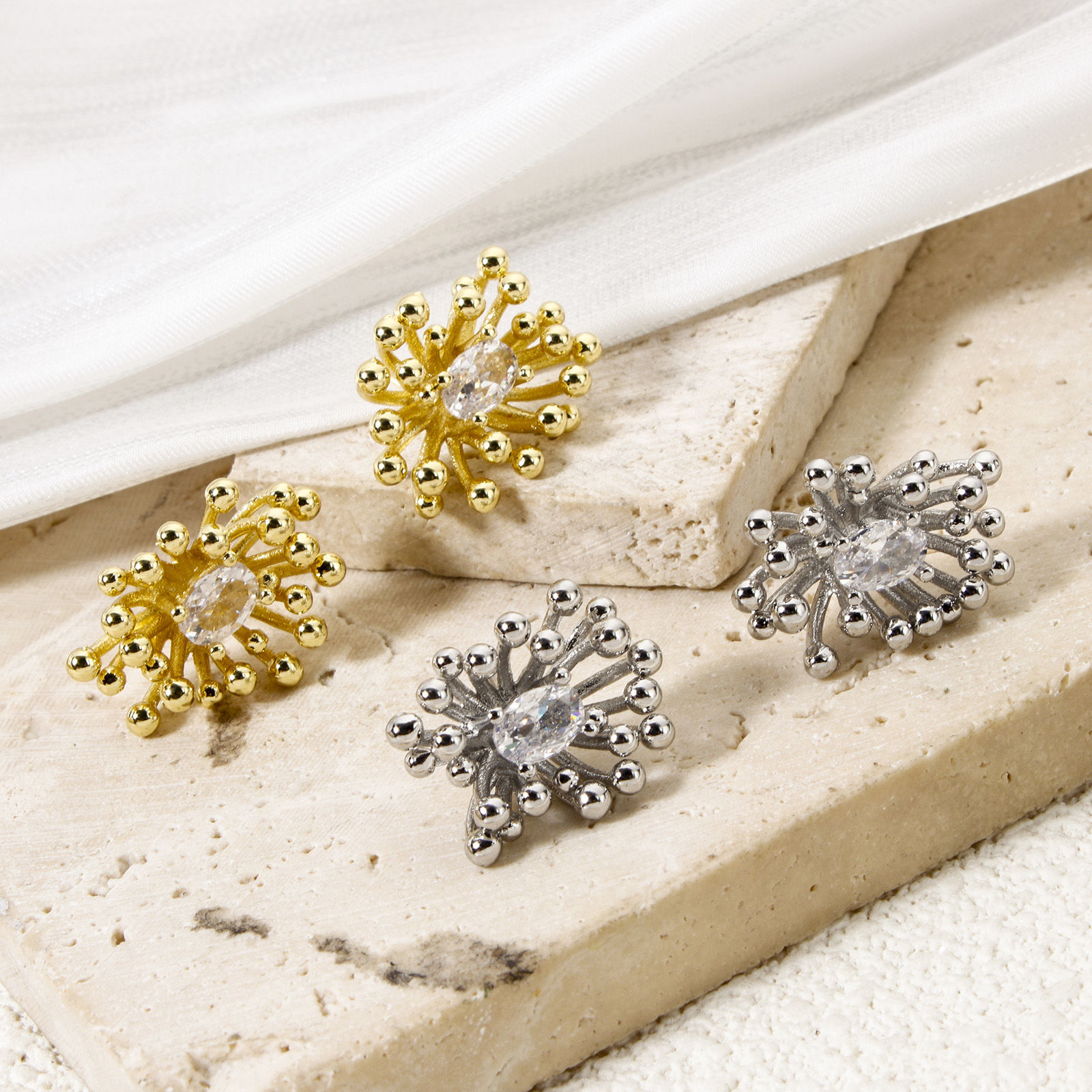 Picture of Eco-friendly Stylish Exquisite Real Gold Plated Brass & Cubic Zirconia Flower Ear Post Stud Earrings For Women 19mm x 14mm, Post/ Wire Size: (21 gauge)