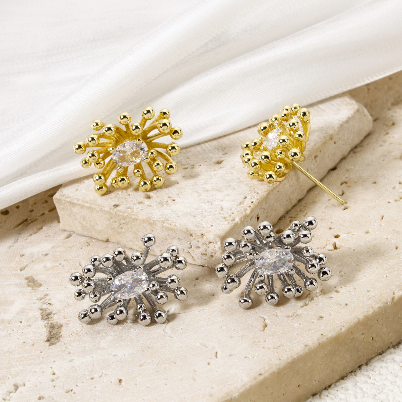 Picture of Eco-friendly Stylish Exquisite Real Gold Plated Brass & Cubic Zirconia Flower Ear Post Stud Earrings For Women 19mm x 14mm, Post/ Wire Size: (21 gauge)