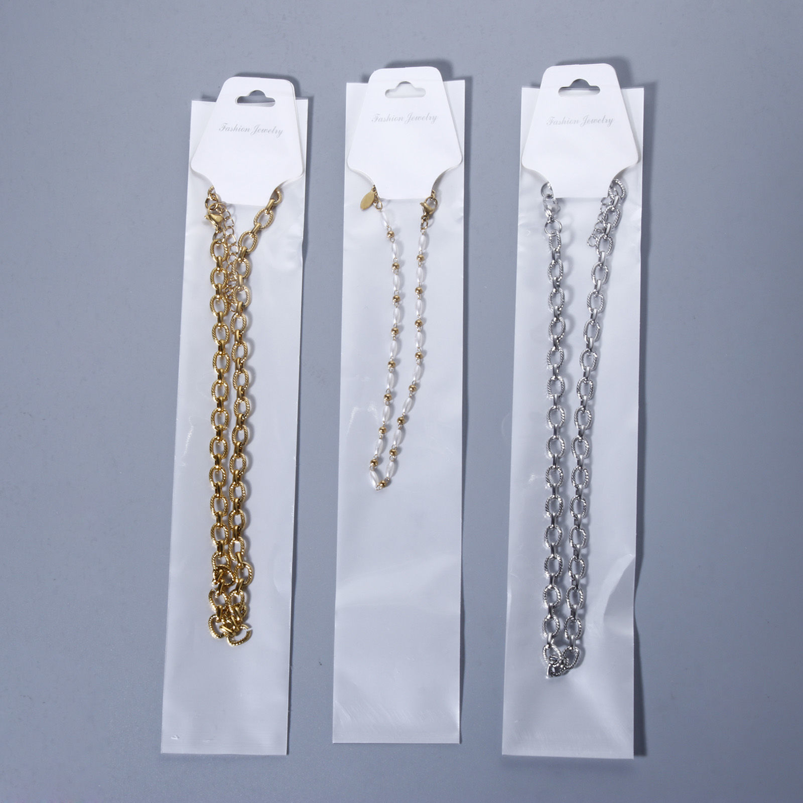 Imagen de 200 Unidades Bolsas de embalaje y envío Papel & Plástico de Rectángulo , Blanco " FASHION JEWELRY "