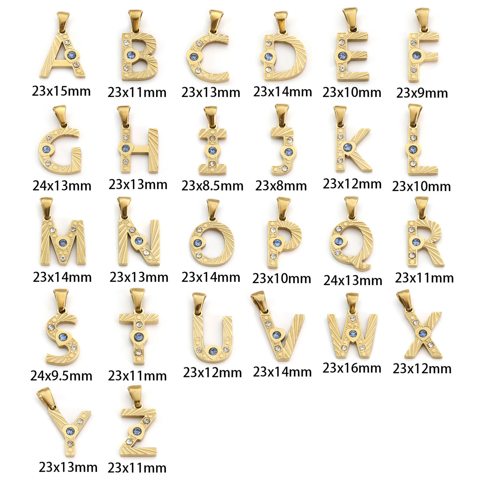 Picture of Eco-friendly PVD Vacuum Plating 304 Stainless Steel Charm Pendant 18K Gold Plated Capital Alphabet Initial Letter Message " A-Z " Blue Cubic Zirconia