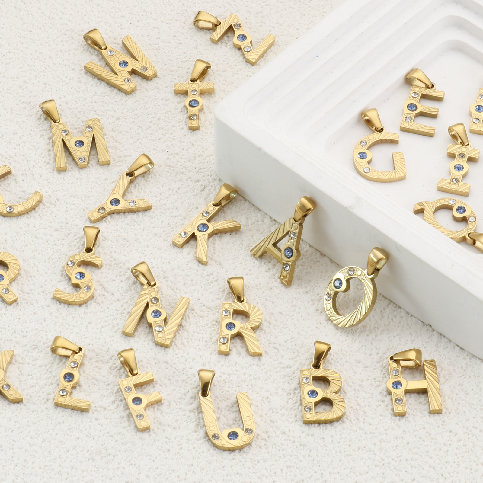Picture of Eco-friendly PVD Vacuum Plating 304 Stainless Steel Charm Pendant 18K Gold Plated Capital Alphabet Initial Letter Message " A-Z " Blue Cubic Zirconia