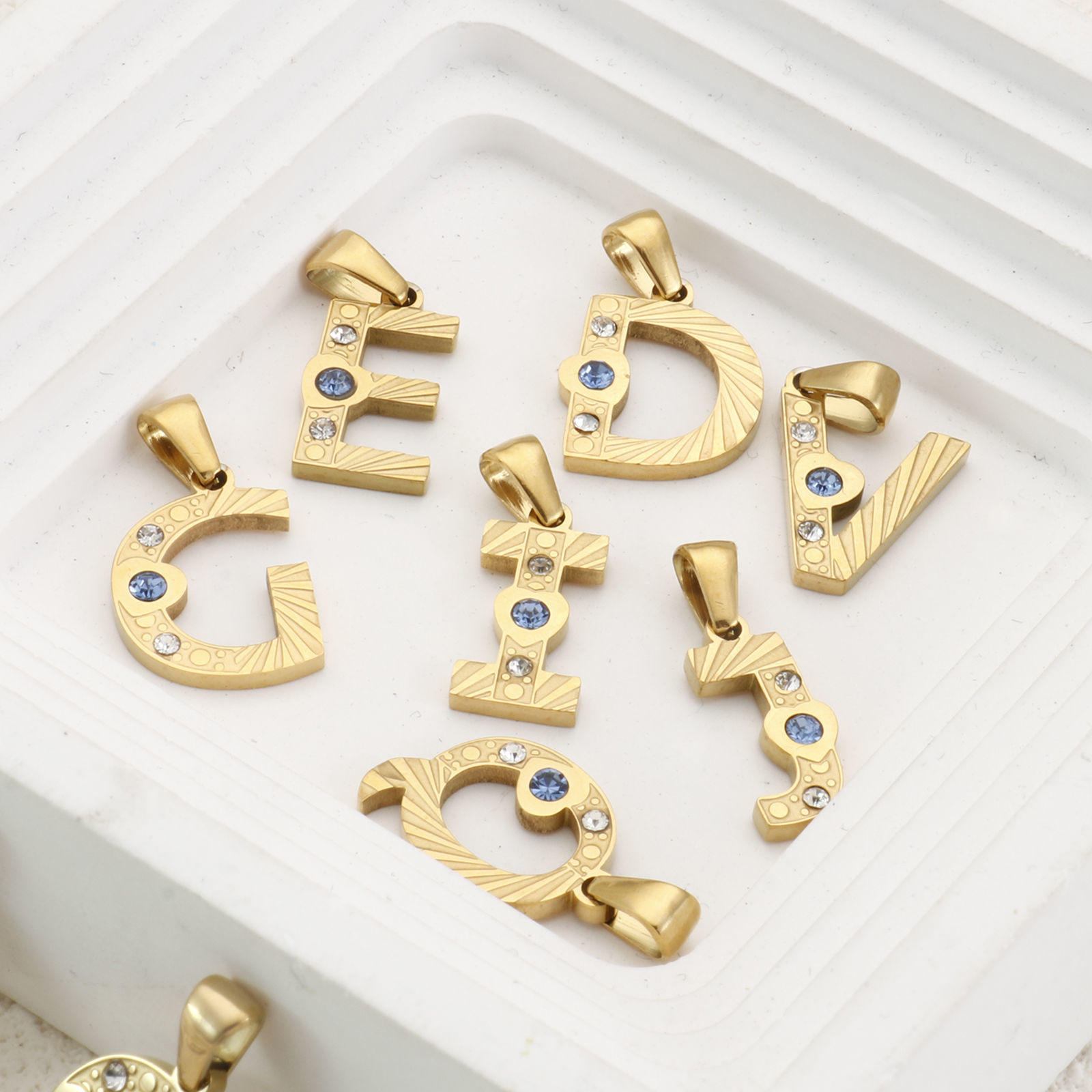 Picture of Eco-friendly PVD Vacuum Plating 304 Stainless Steel Charm Pendant 18K Gold Plated Capital Alphabet Initial Letter Message " A-Z " Blue Cubic Zirconia