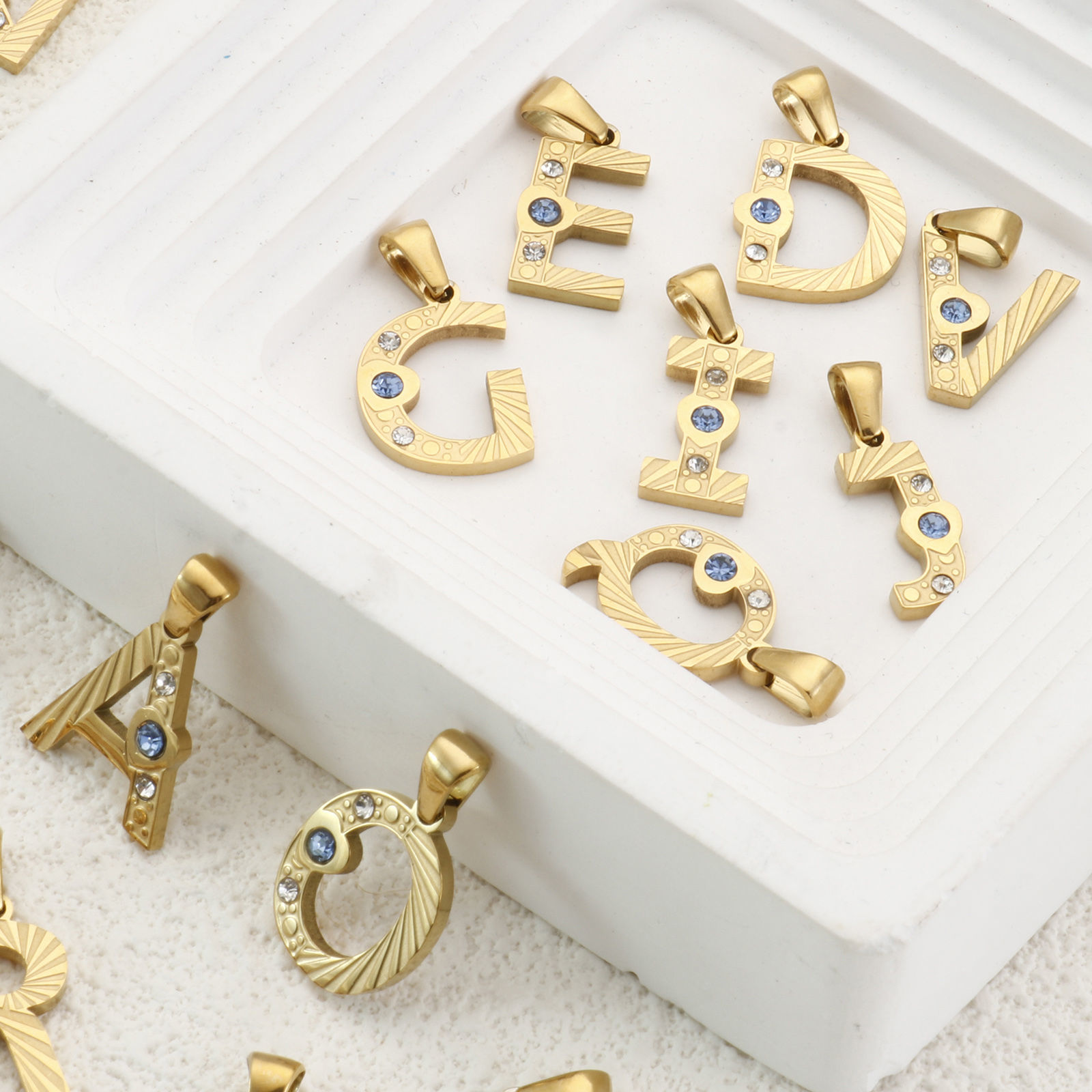 Picture of Eco-friendly PVD Vacuum Plating 304 Stainless Steel Charm Pendant 18K Gold Plated Capital Alphabet Initial Letter Message " A-Z " Blue Cubic Zirconia