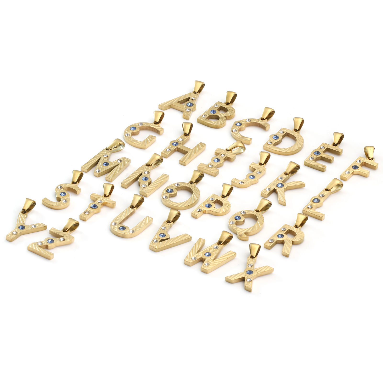 Picture of Eco-friendly PVD Vacuum Plating 304 Stainless Steel Charm Pendant 18K Gold Plated Capital Alphabet Initial Letter Message " A-Z " Blue Cubic Zirconia