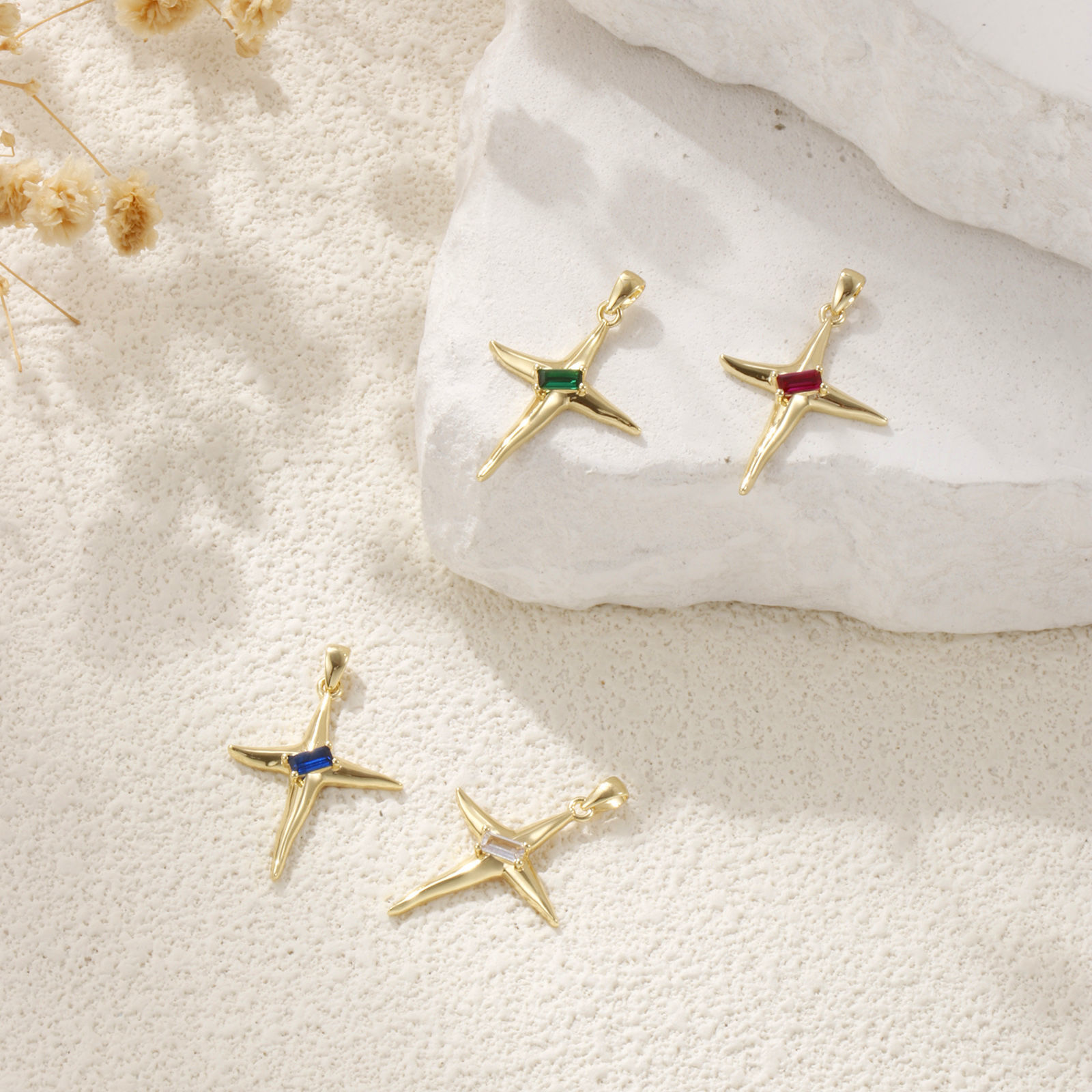Picture of Eco-friendly Brass & Glass Galaxy Pendants 18K Real Gold Plated Star 3.2cm x 2.1cm