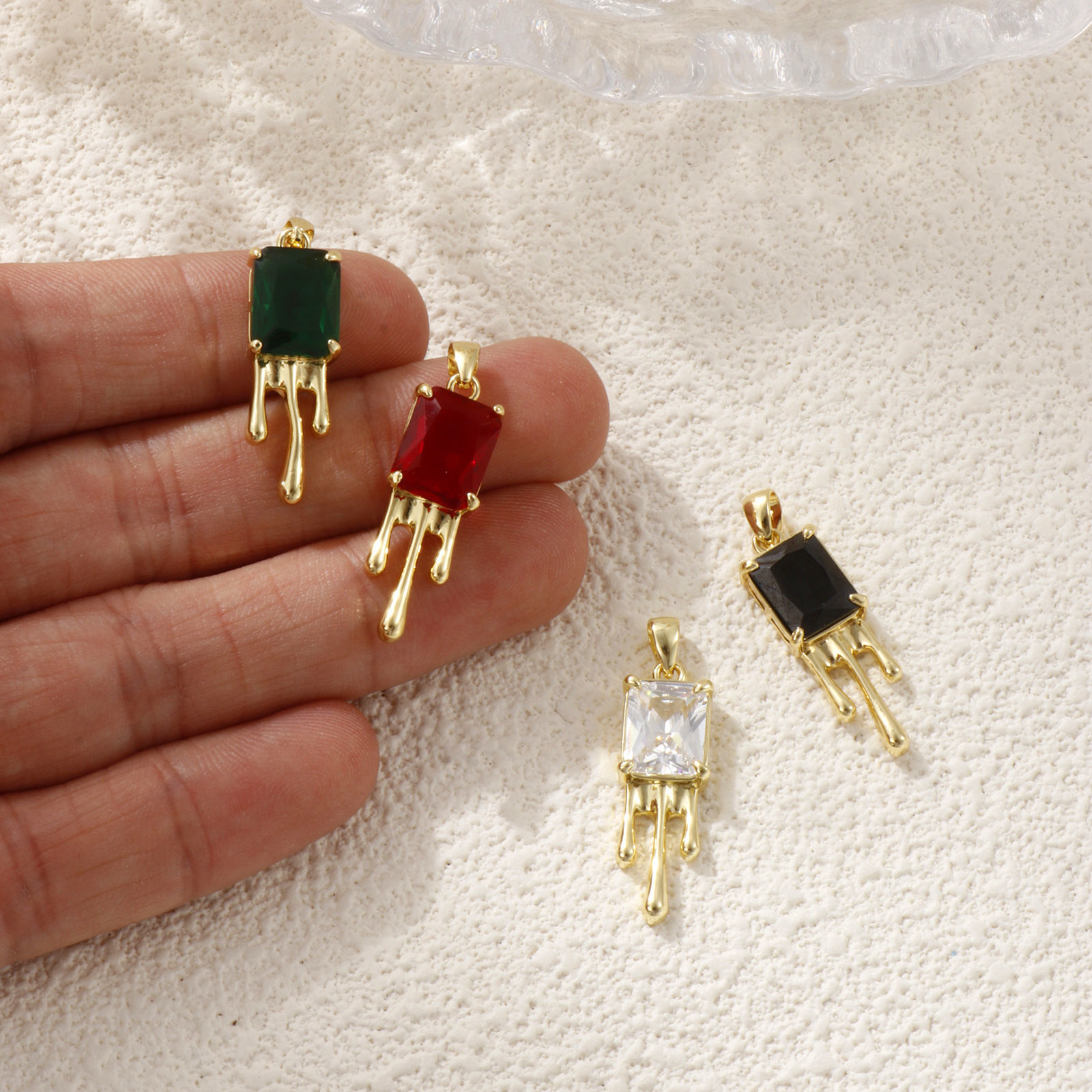 Picture of Eco-friendly Brass Pendants 18K Real Gold Plated Rectangle Multicolour Cubic Zirconia 3cm x 0.8cm