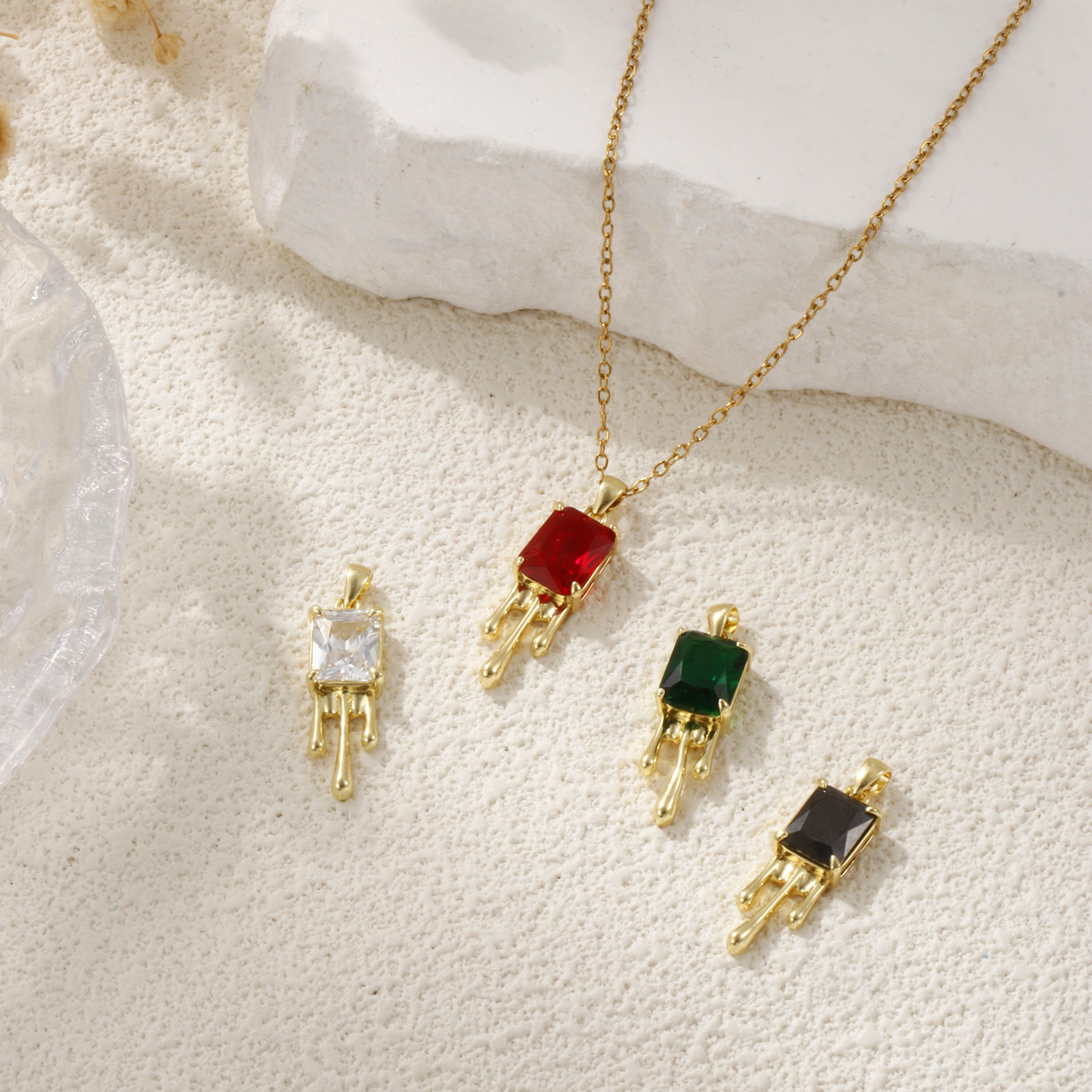 Picture of Eco-friendly Brass Pendants 18K Real Gold Plated Rectangle Multicolour Cubic Zirconia 3cm x 0.8cm