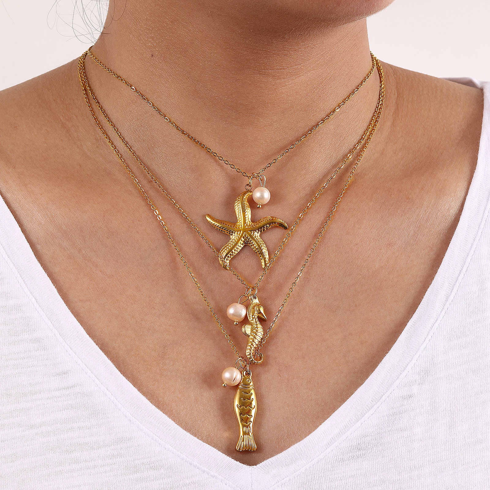 Imagen de 1 Unidad Recubrimiento al Vacío PVD Ecológico Barroco Joyería del océano 18K Oro Real Chapado Acero Inoxidable 304 & Perla Natural Cadena de Cable Cruz Collar con Colgante Para Mujeres Regalo 45cm + 5cm longitud