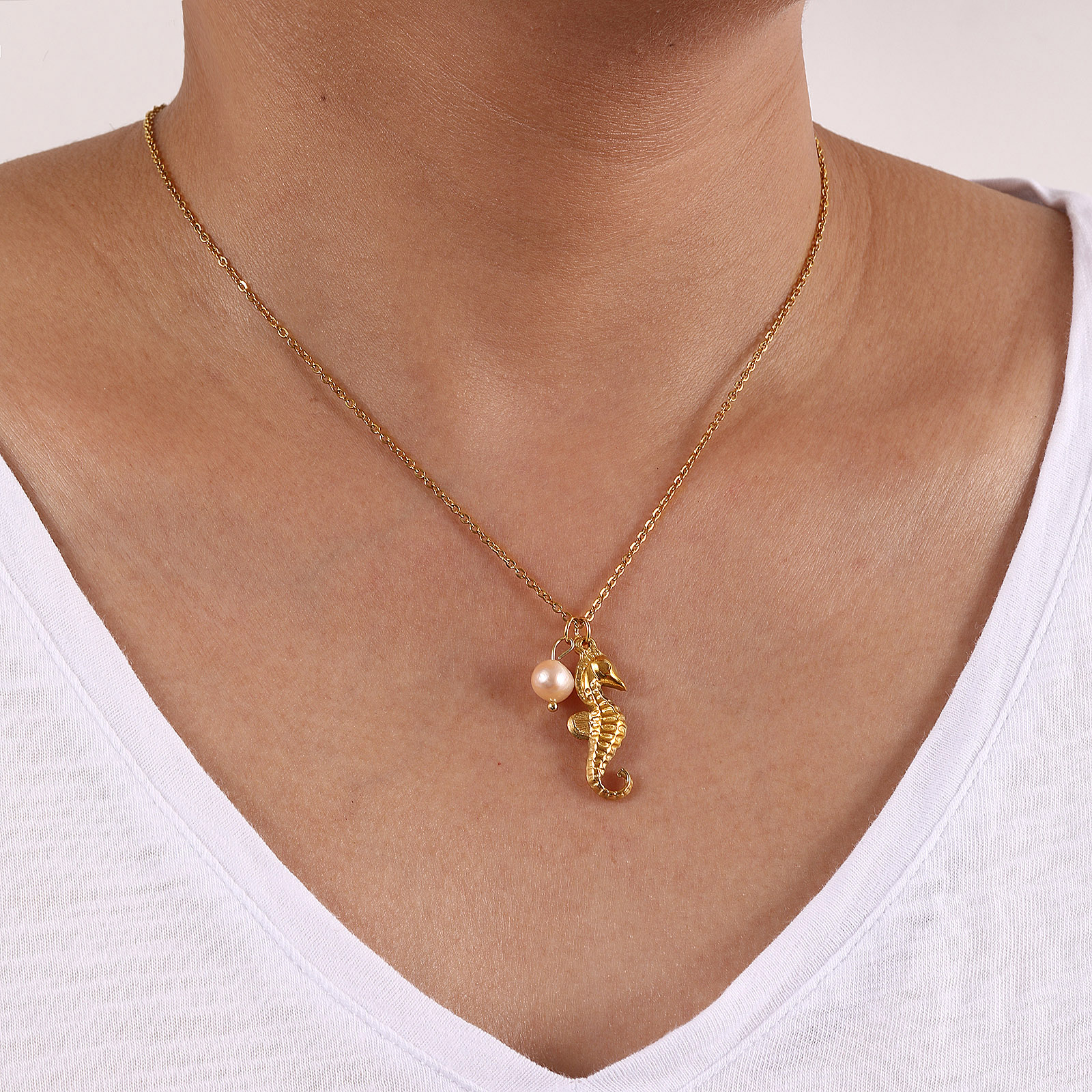 Imagen de 1 Unidad Recubrimiento al Vacío PVD Ecológico Barroco Joyería del océano 18K Oro Real Chapado Acero Inoxidable 304 & Perla Natural Cadena de Cable Cruz Collar con Colgante Para Mujeres Regalo 45cm + 5cm longitud