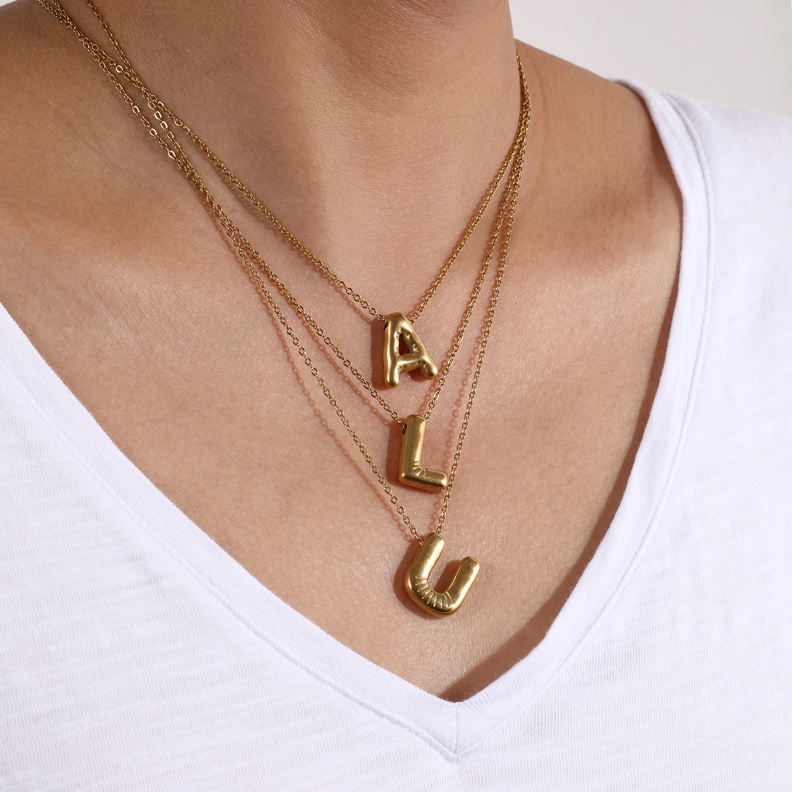 Picture of Eco-friendly Vacuum Plating Minimalist Stylish 18K Real Gold Plated 304 Stainless Steel Link Cable Chain Capital Alphabet Initial Letter Message " A-Z " Pendant Charm Necklace Unisex Gift 45cm(17.7") + 5cm(2") long