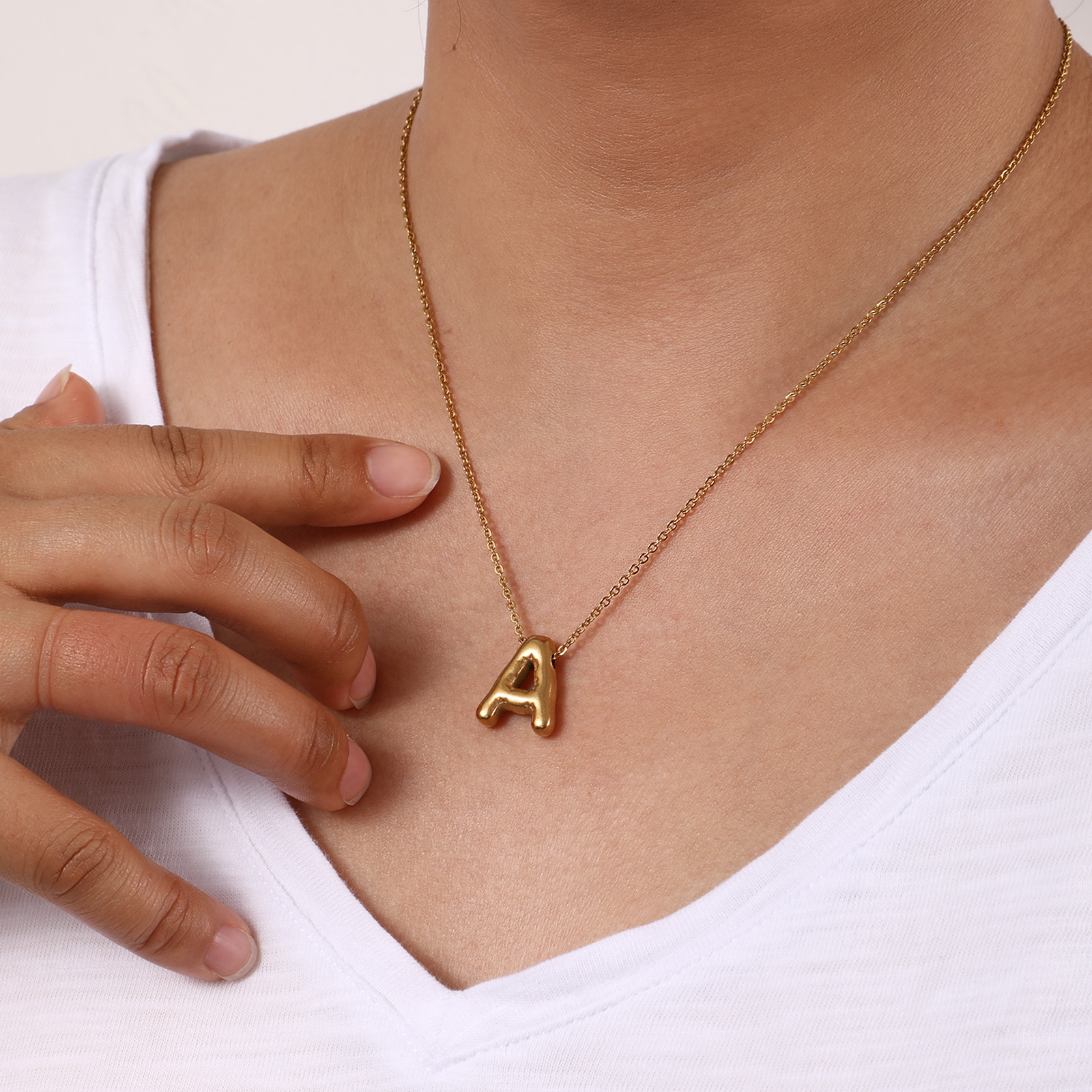 Picture of Eco-friendly Vacuum Plating Minimalist Stylish 18K Real Gold Plated 304 Stainless Steel Link Cable Chain Capital Alphabet Initial Letter Message " A-Z " Pendant Charm Necklace Unisex Gift 45cm(17.7") + 5cm(2") long