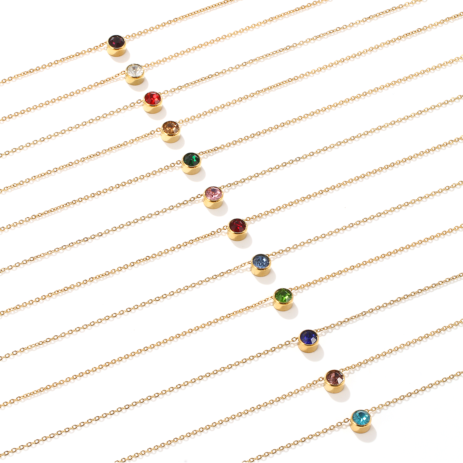 Immagine di 1 Pz Placcatura Sottovuoto PVD Ecologica Squisito Pietre Nascita 18K Vero Oro Placcato 304 Acciaio Inossidabile & Strass Catena a Cavo Tondo Collana con Ciondolo Per Donne Regalo 45cm + 5cm Lunghezza