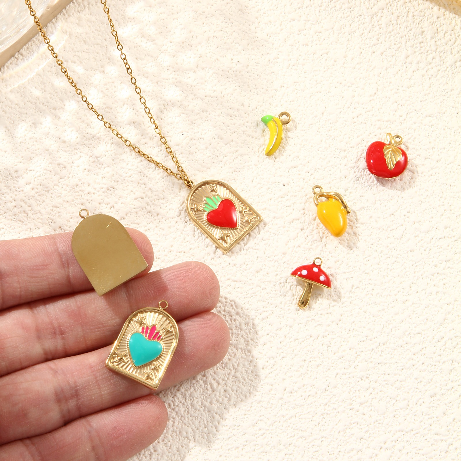 Picture of Eco-friendly PVD Vacuum Plating 304 Stainless Steel Charms 18K Real Gold Plated Multicolor Enamel Fruit Ex Voto Heart