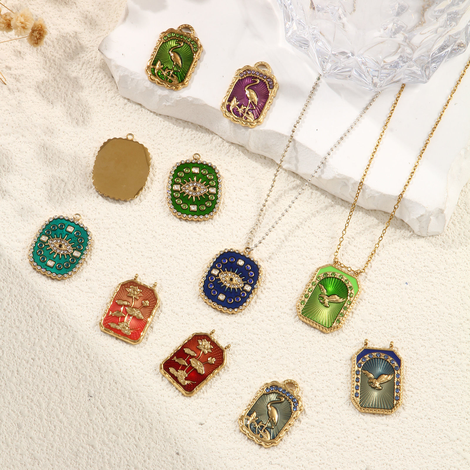 Picture of Eco-friendly PVD Vacuum Plating 304 Stainless Steel Charms 18K Real Gold Plated Multicolor Enamel Crane Eye of Providence/ All-seeing Eye
