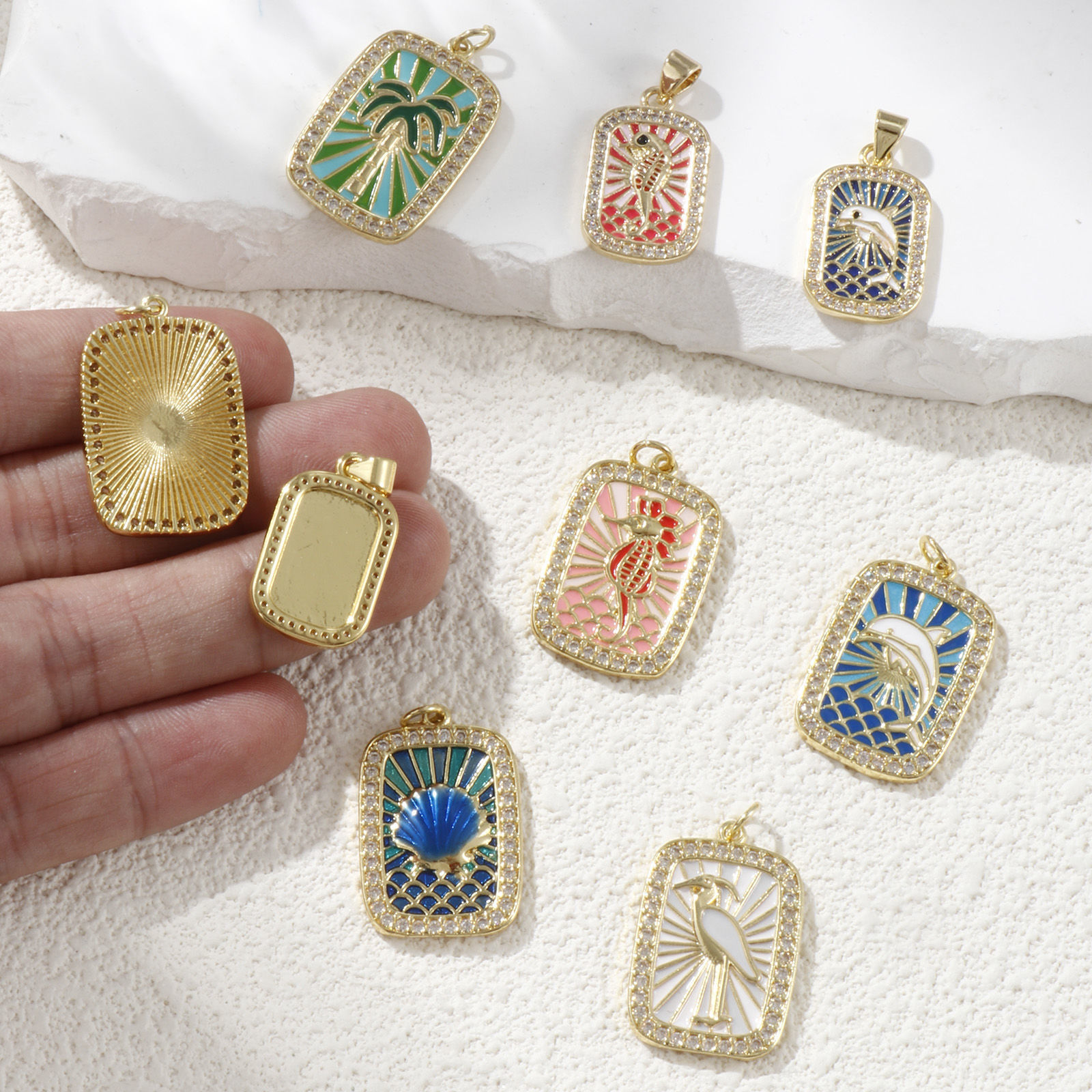 Picture of 1 Piece Eco-friendly Brass Charms 18K Real Gold Plated Multicolor Enamel Rectangle