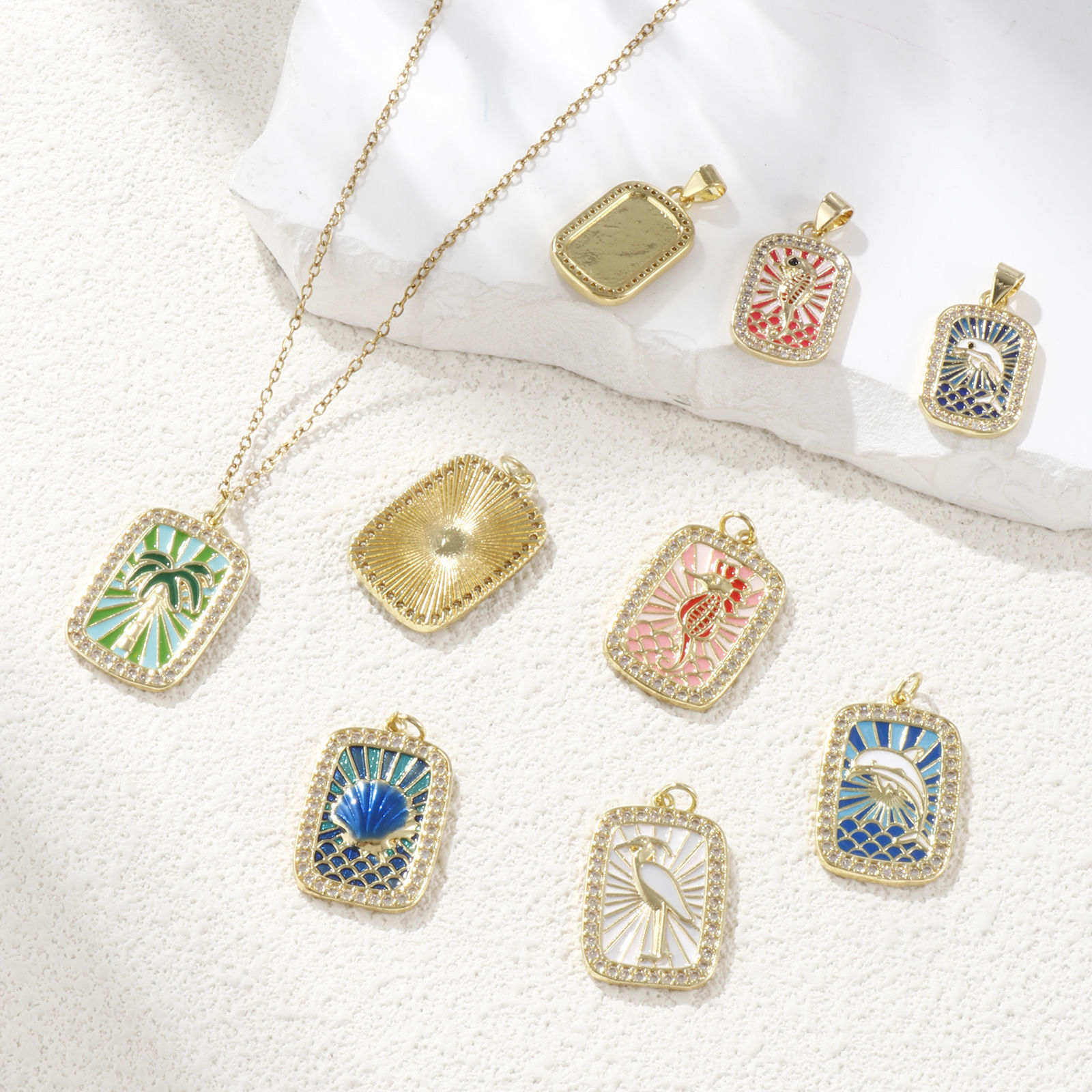 Picture of 1 Piece Eco-friendly Brass Charms 18K Real Gold Plated Multicolor Enamel Rectangle