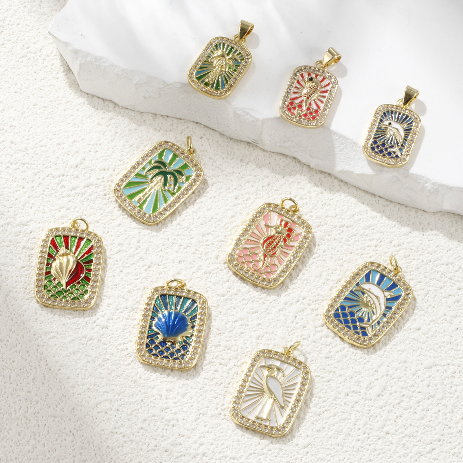 Picture of 1 Piece Eco-friendly Brass Charms 18K Real Gold Plated Multicolor Enamel Rectangle