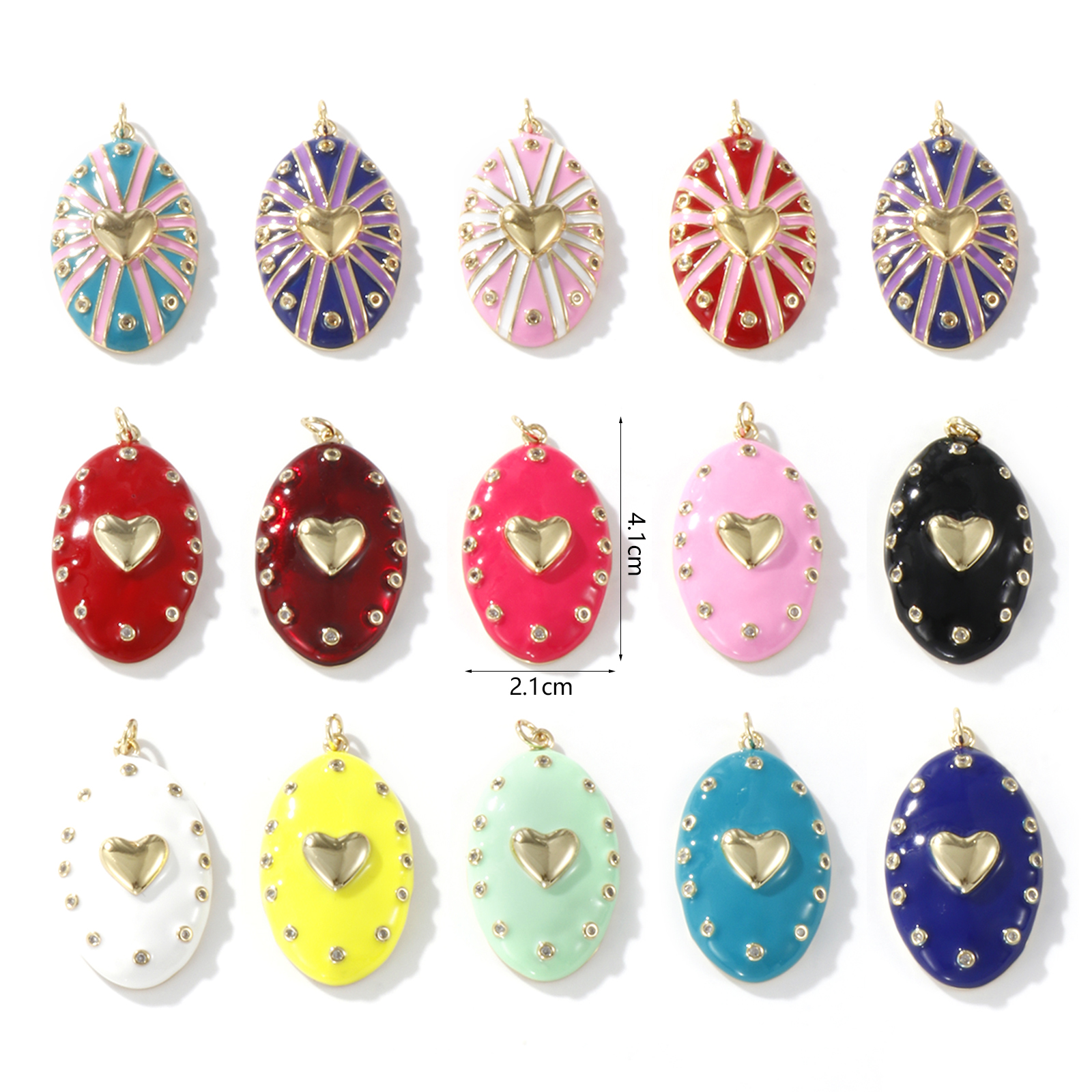 Picture of 1 Piece Eco-friendly Brass Valentine's Day Pendants 18K Real Gold Plated Enamel Oval Heart Clear Cubic Zirconia 4.1cm x 2.1cm