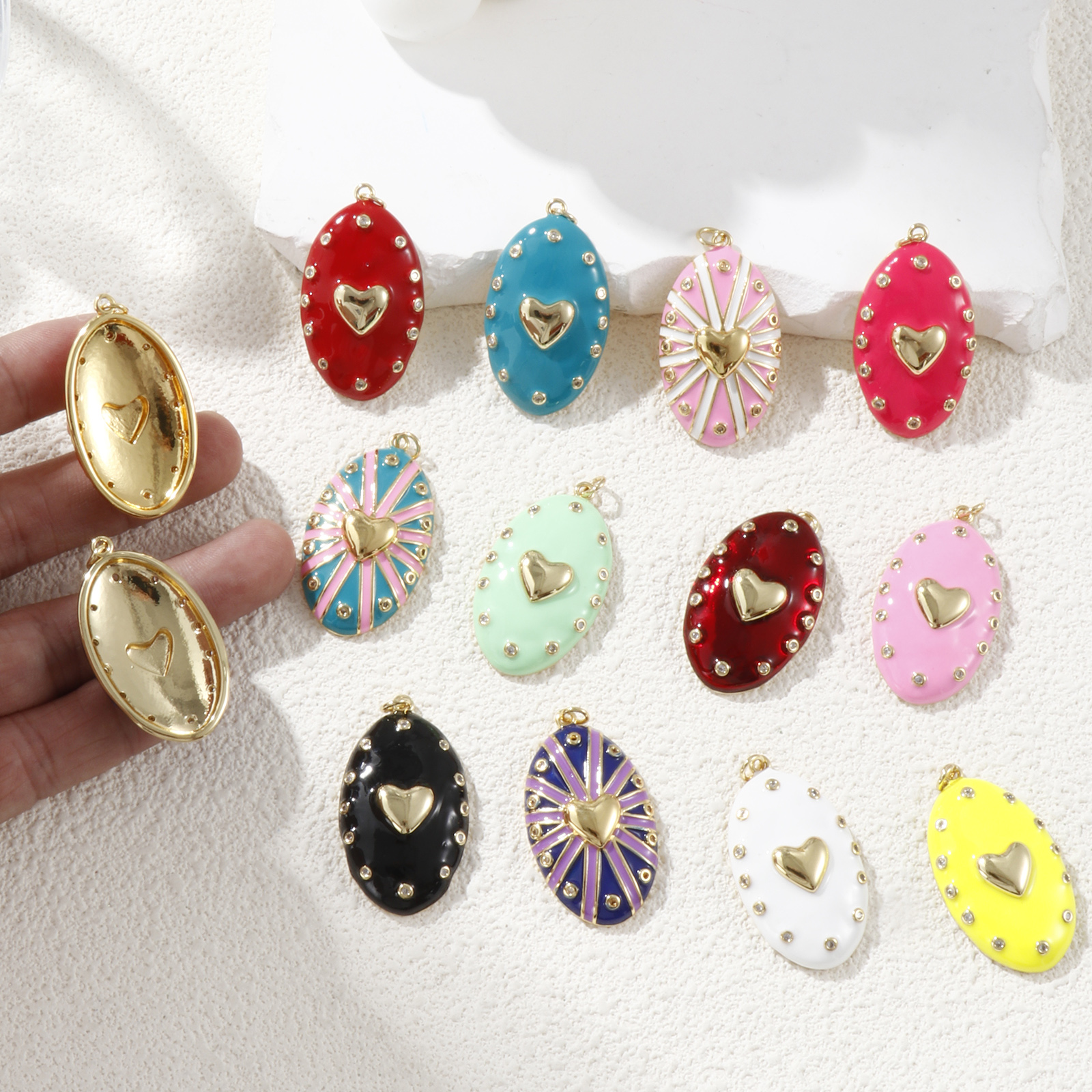 Picture of 1 Piece Eco-friendly Brass Valentine's Day Pendants 18K Real Gold Plated Enamel Oval Heart Clear Cubic Zirconia 4.1cm x 2.1cm