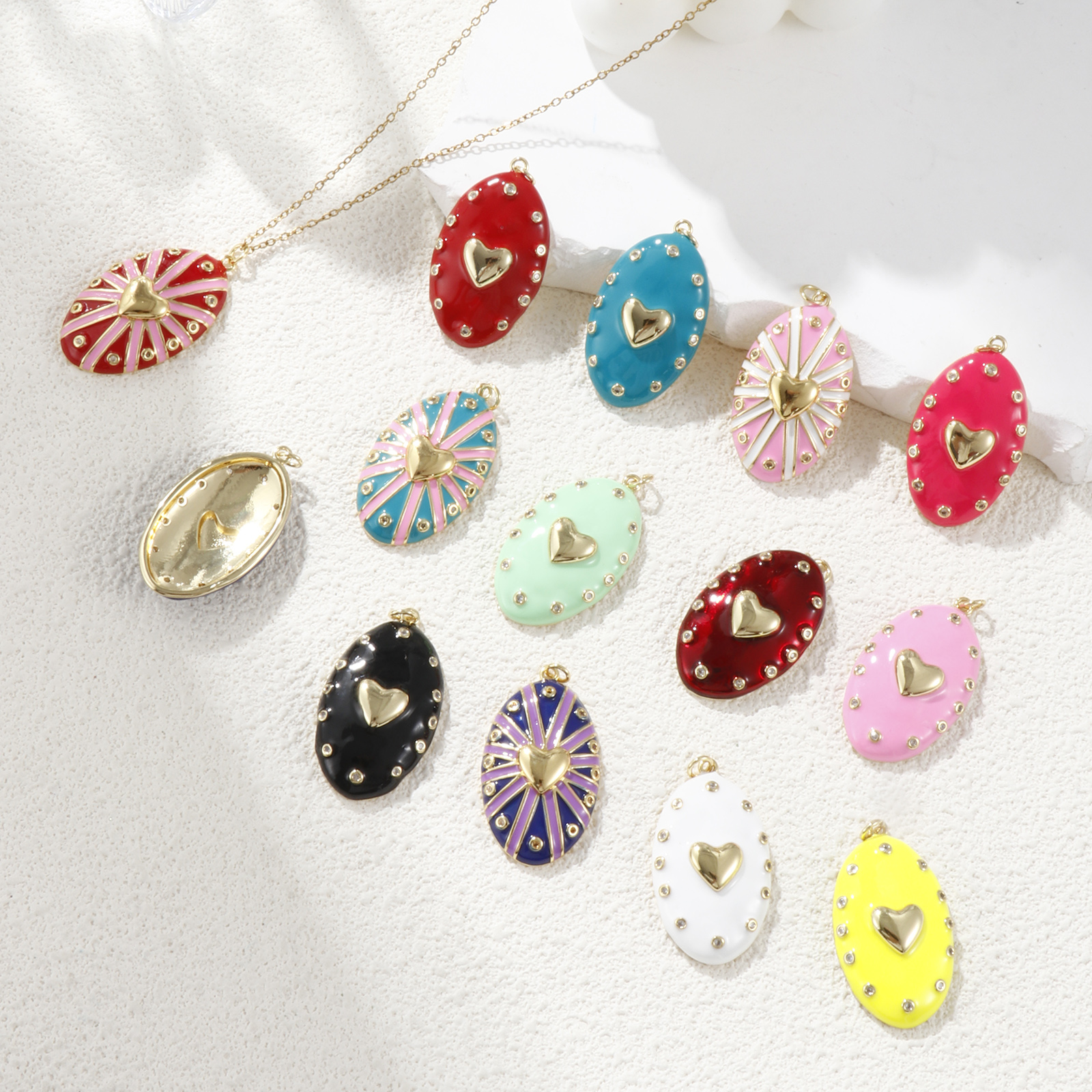 Picture of 1 Piece Eco-friendly Brass Valentine's Day Pendants 18K Real Gold Plated Enamel Oval Heart Clear Cubic Zirconia 4.1cm x 2.1cm