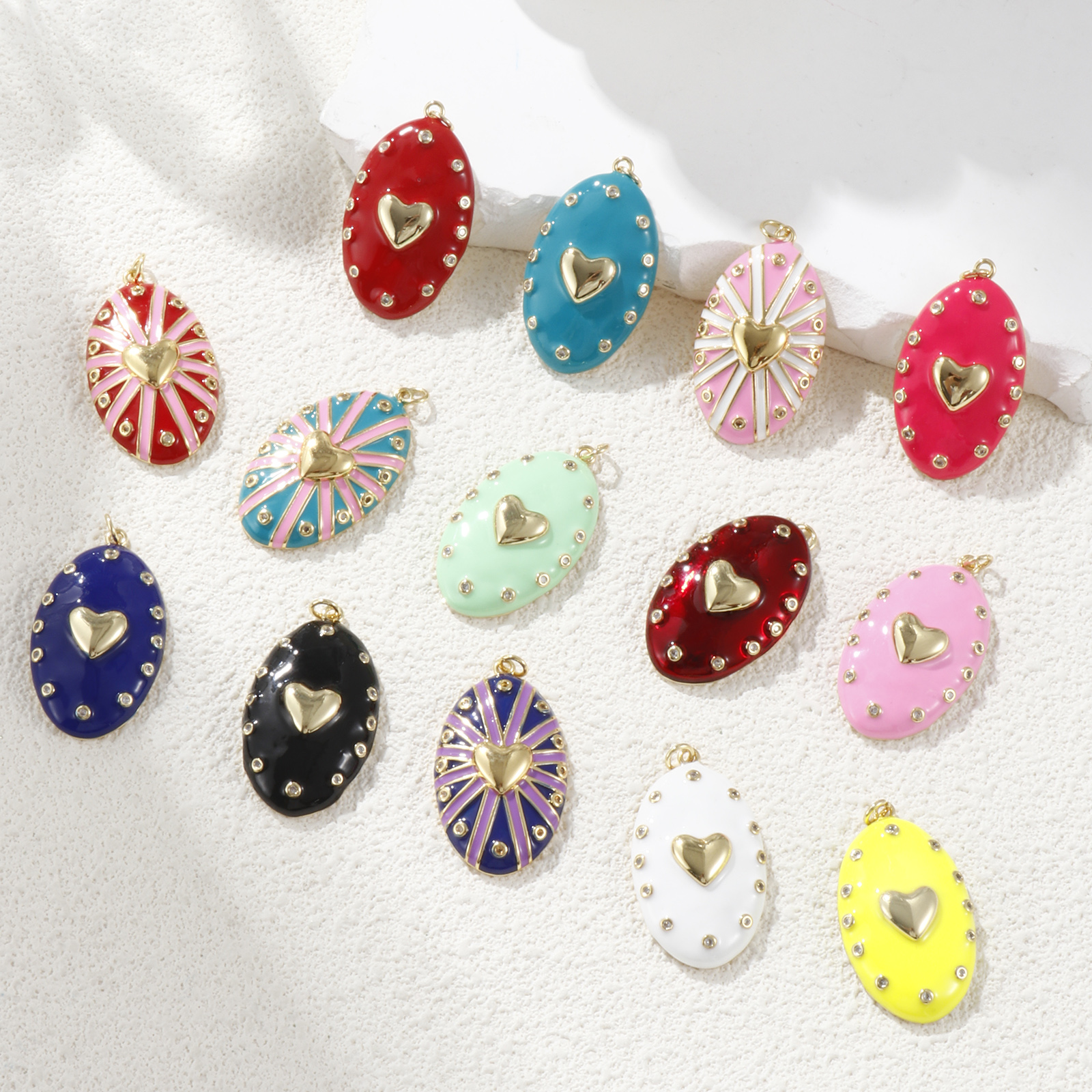 Picture of 1 Piece Eco-friendly Brass Valentine's Day Pendants 18K Real Gold Plated Enamel Oval Heart Clear Cubic Zirconia 4.1cm x 2.1cm