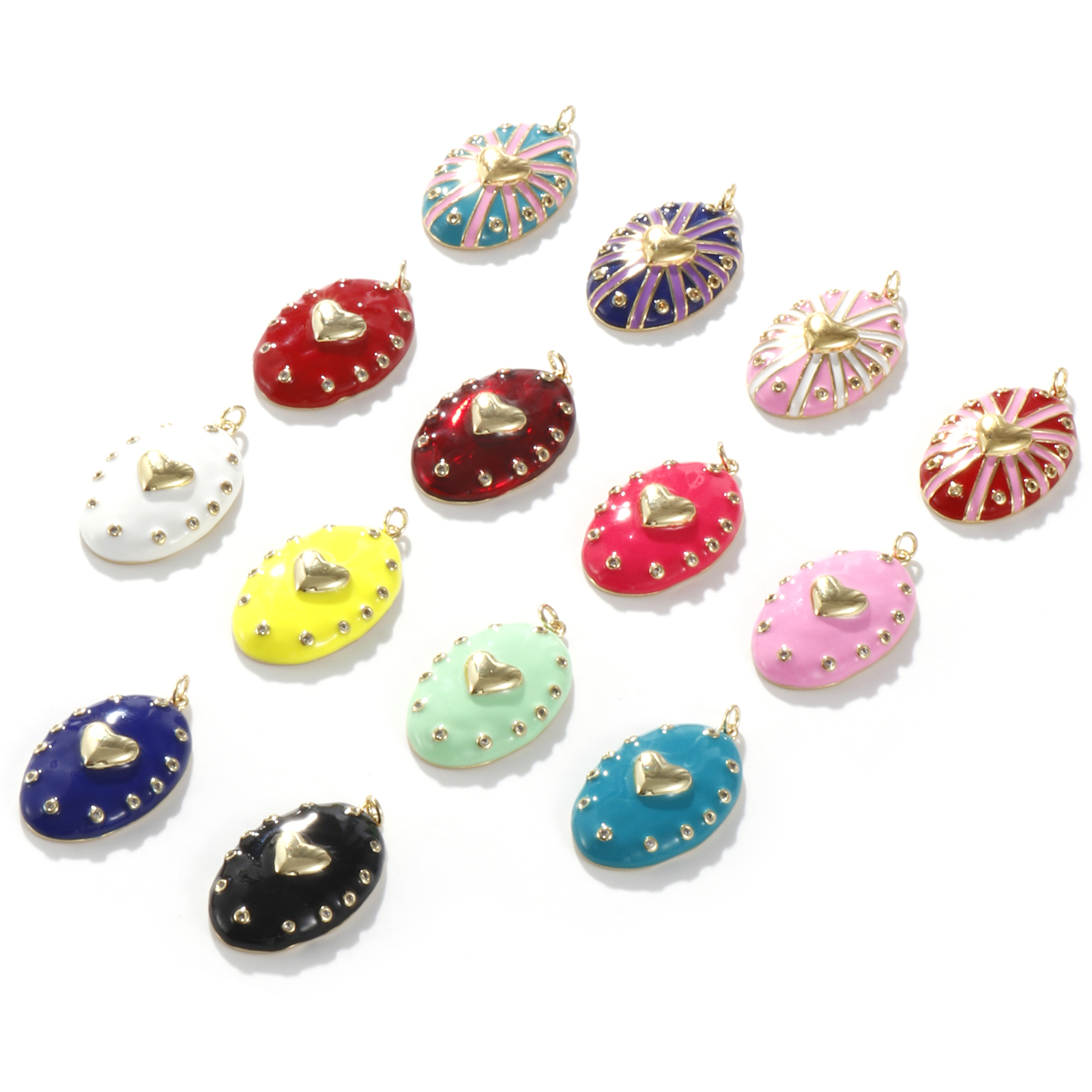 Picture of 1 Piece Eco-friendly Brass Valentine's Day Pendants 18K Real Gold Plated Enamel Oval Heart Clear Cubic Zirconia 4.1cm x 2.1cm