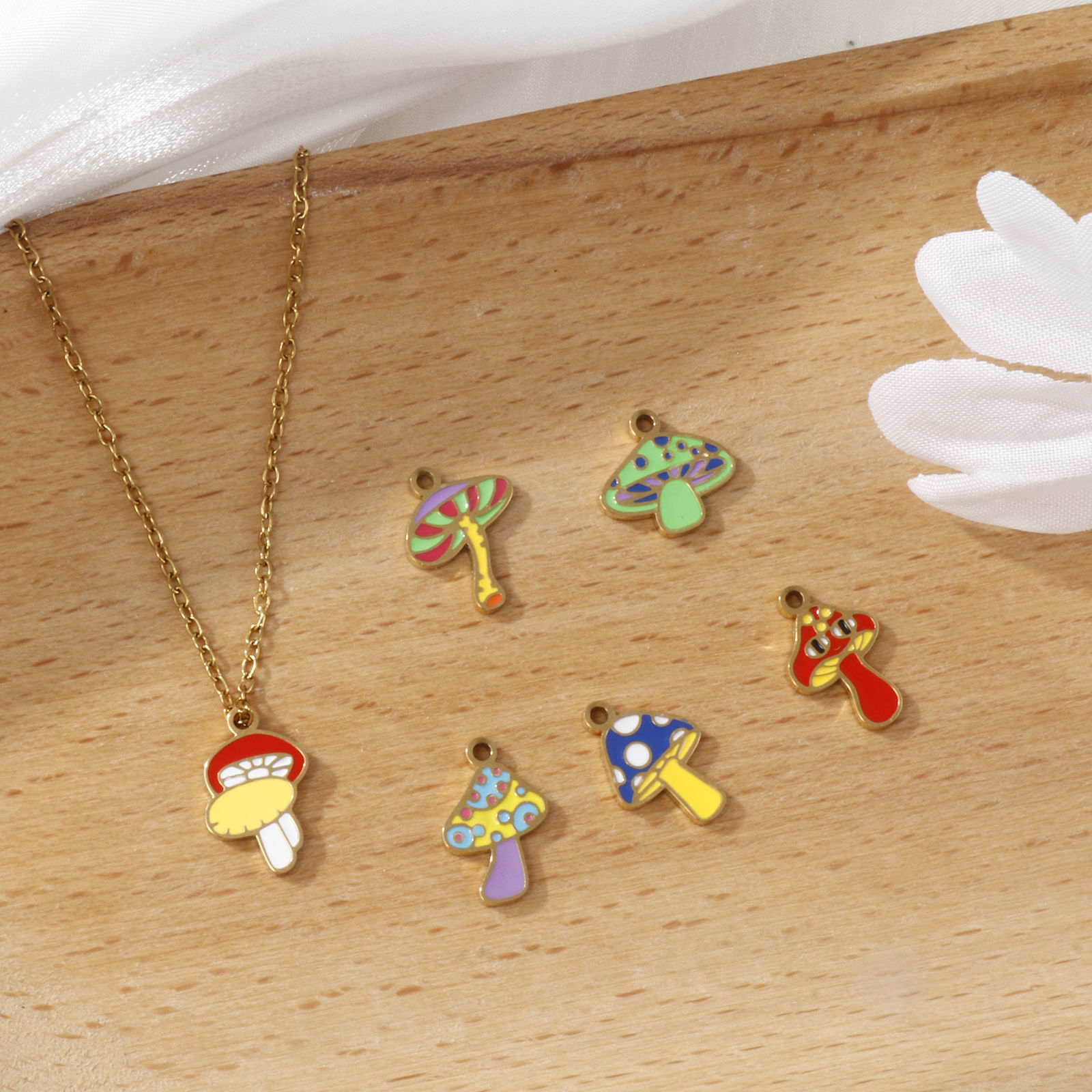 Picture of 2 PCs Eco-friendly PVD Vacuum Plating 304 Stainless Steel Charms 18K Gold Plated Mushroom Enamel