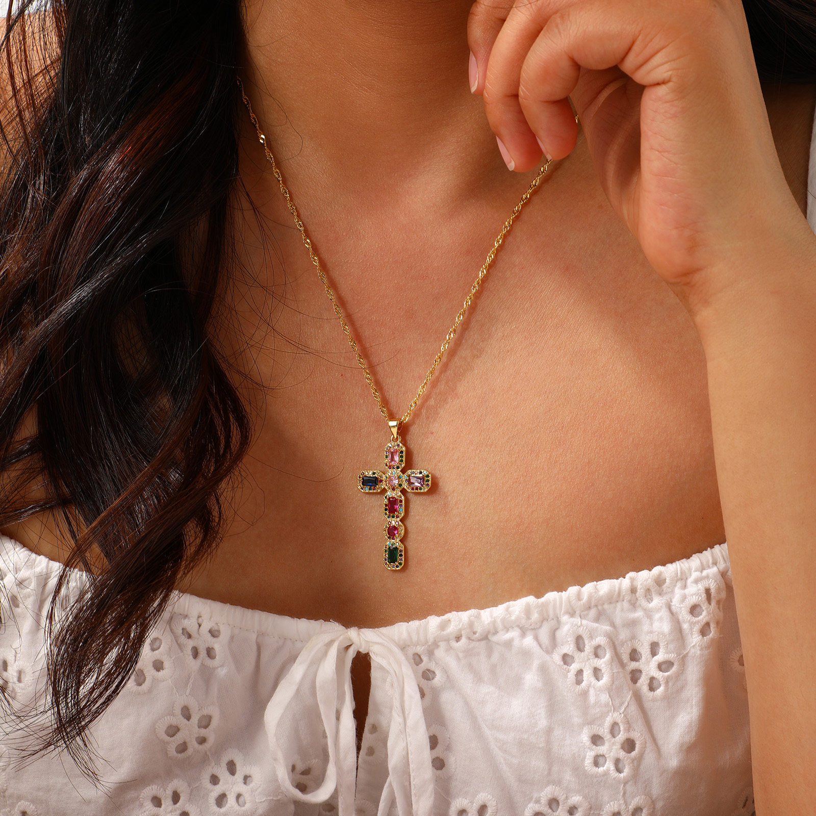 Bild von Umweltfreundlich Retro Religiös 18K Echtgold plattiert Messing Welle Kette Kreuz Micro Pave Anhänger Halskette Unisex 45cm + 5cm lang