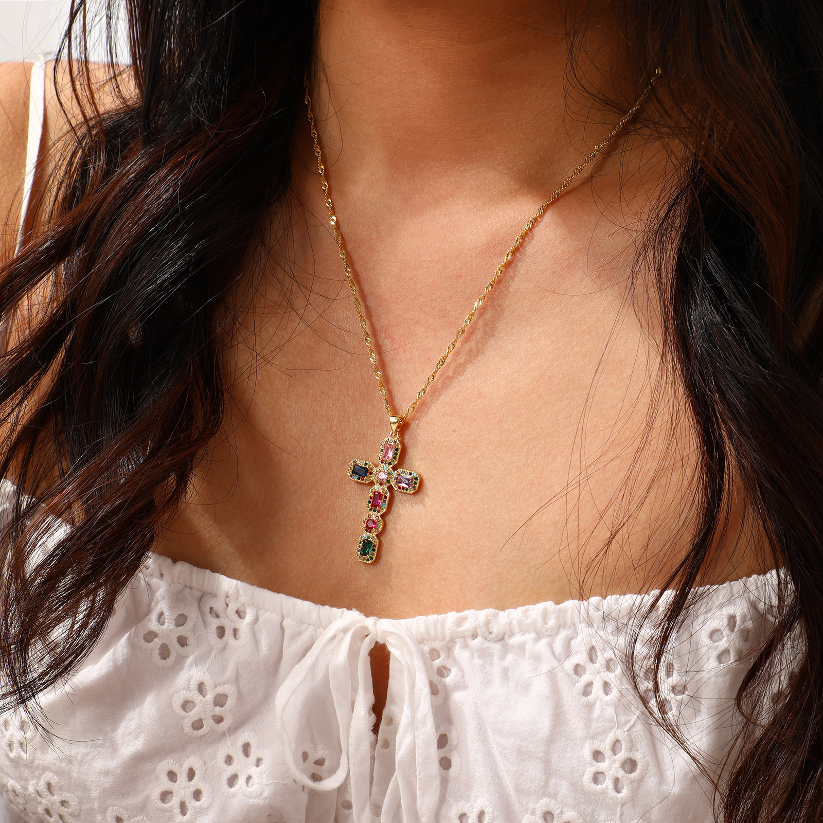 Bild von Umweltfreundlich Retro Religiös 18K Echtgold plattiert Messing Welle Kette Kreuz Micro Pave Anhänger Halskette Unisex 45cm + 5cm lang