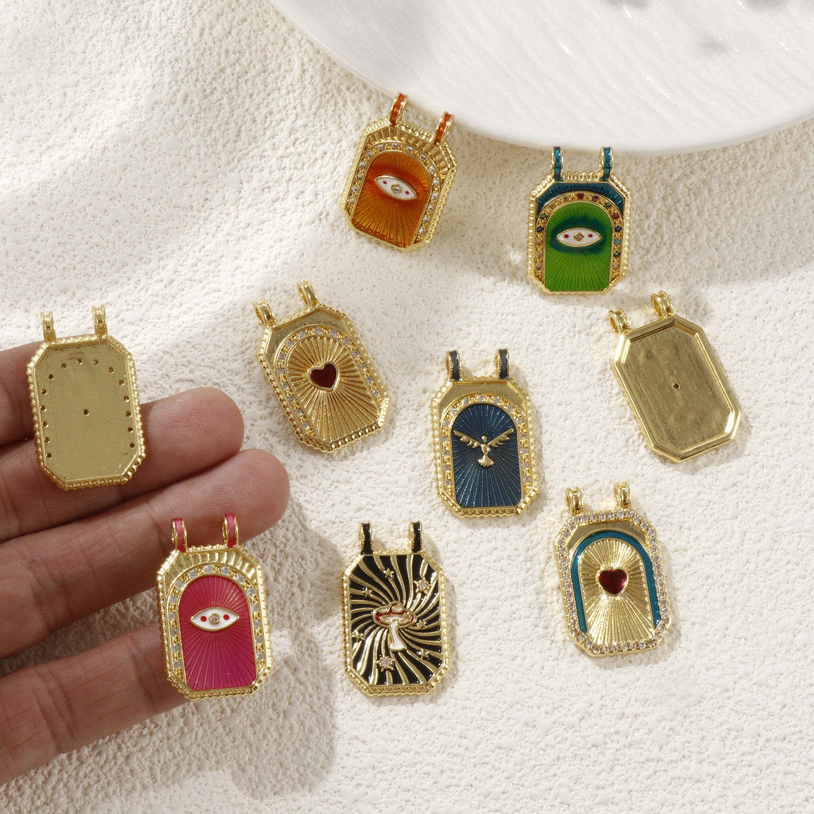 Picture of 1 Piece Eco-friendly Brass Micro Pave Pendants 18K Real Gold Plated Octagon Enamel Clear Cubic Zirconia 3cm x 1.8cm