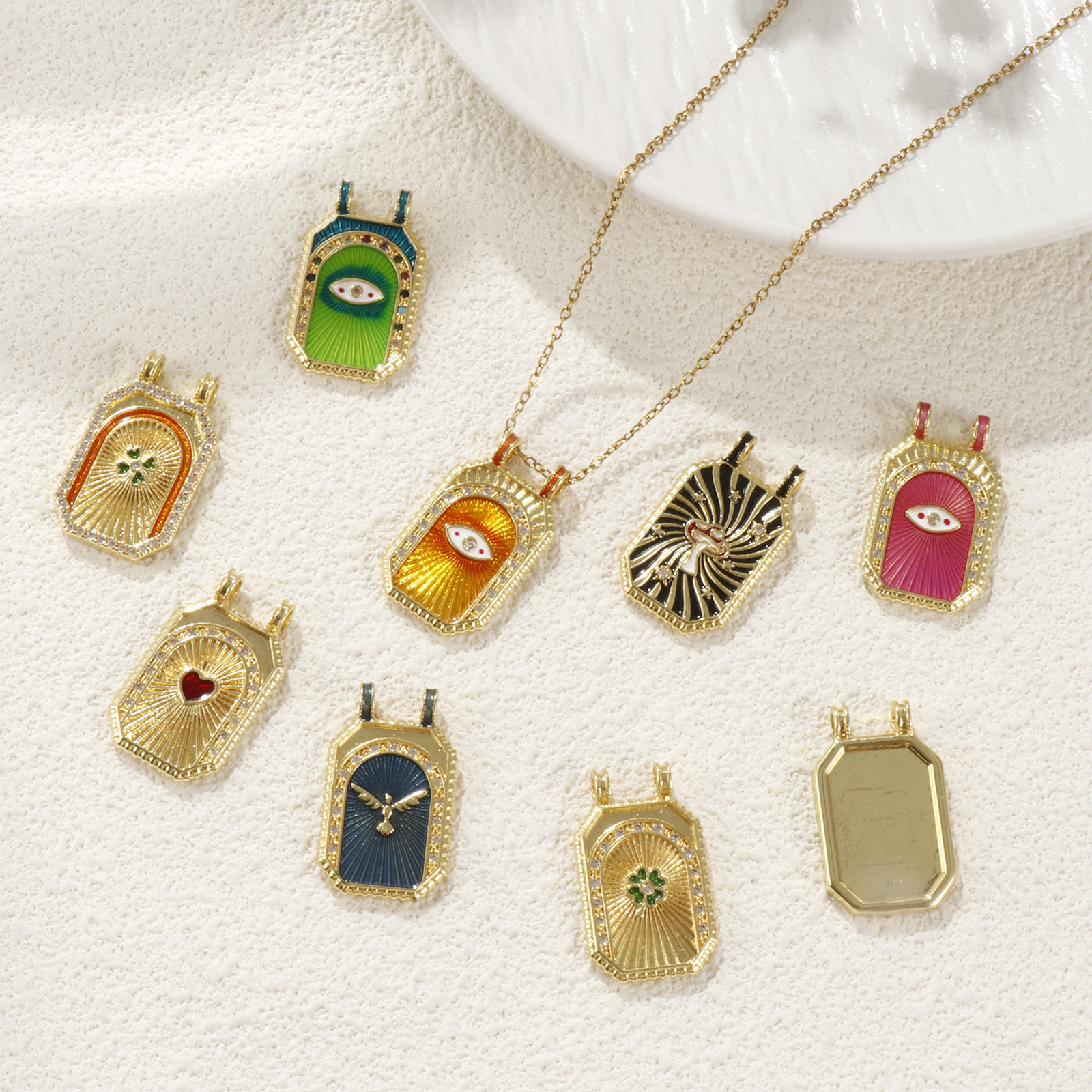 Picture of 1 Piece Eco-friendly Brass Micro Pave Pendants 18K Real Gold Plated Octagon Enamel Clear Cubic Zirconia 3cm x 1.8cm