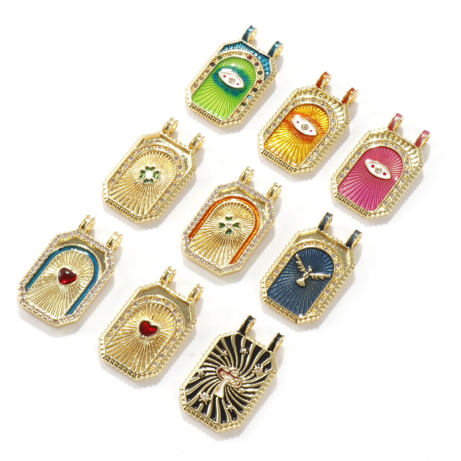 Picture of 1 Piece Eco-friendly Brass Micro Pave Pendants 18K Real Gold Plated Octagon Enamel Clear Cubic Zirconia 3cm x 1.8cm
