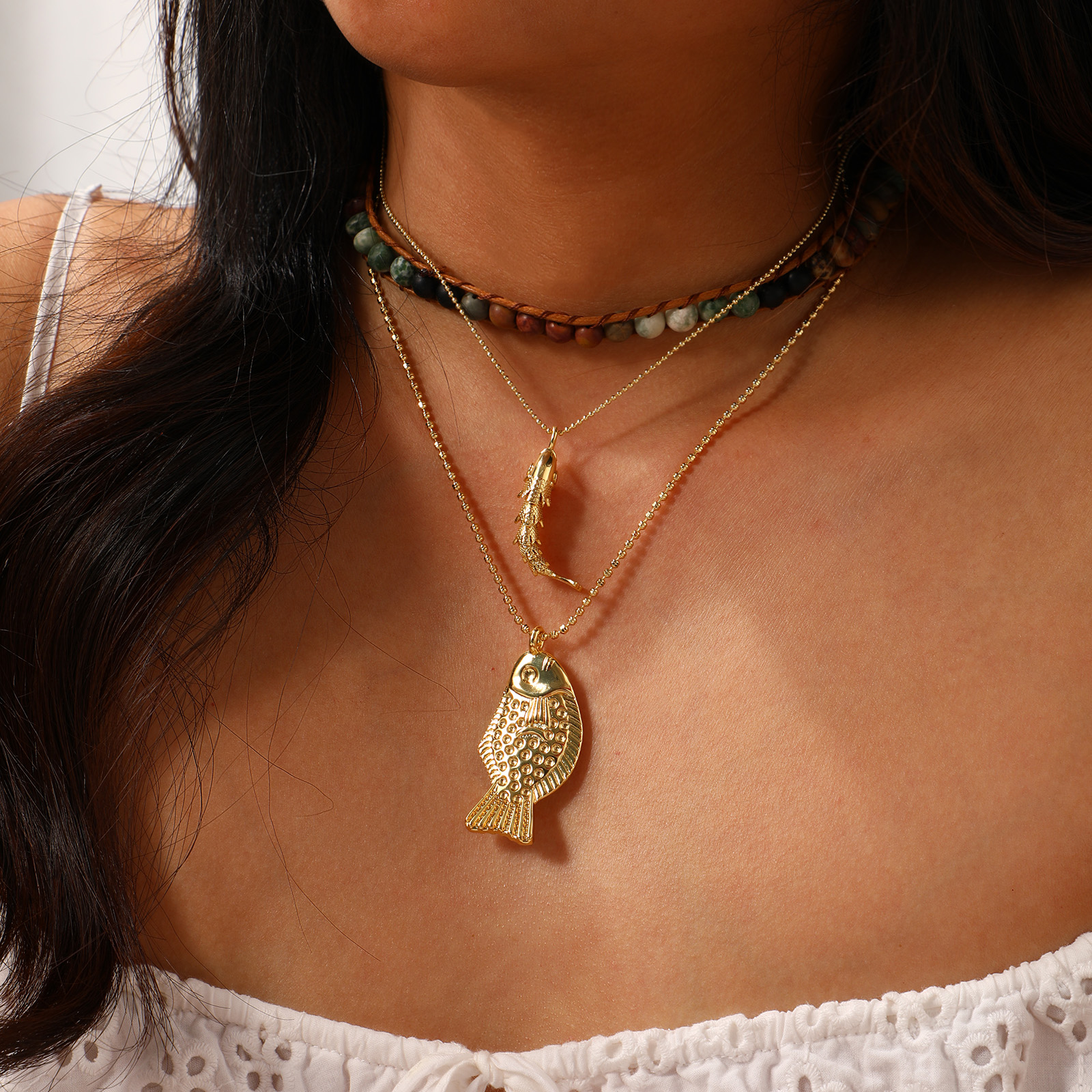 Imagen de 1 Unidad Respetuoso del Medio Ambiente Bohemia Joyería del océano 18K Oro Real Chapado Latón Cadenas de Bola Pez Collar con Colgante Unisexo Regalo 45cm + 5cm longitud