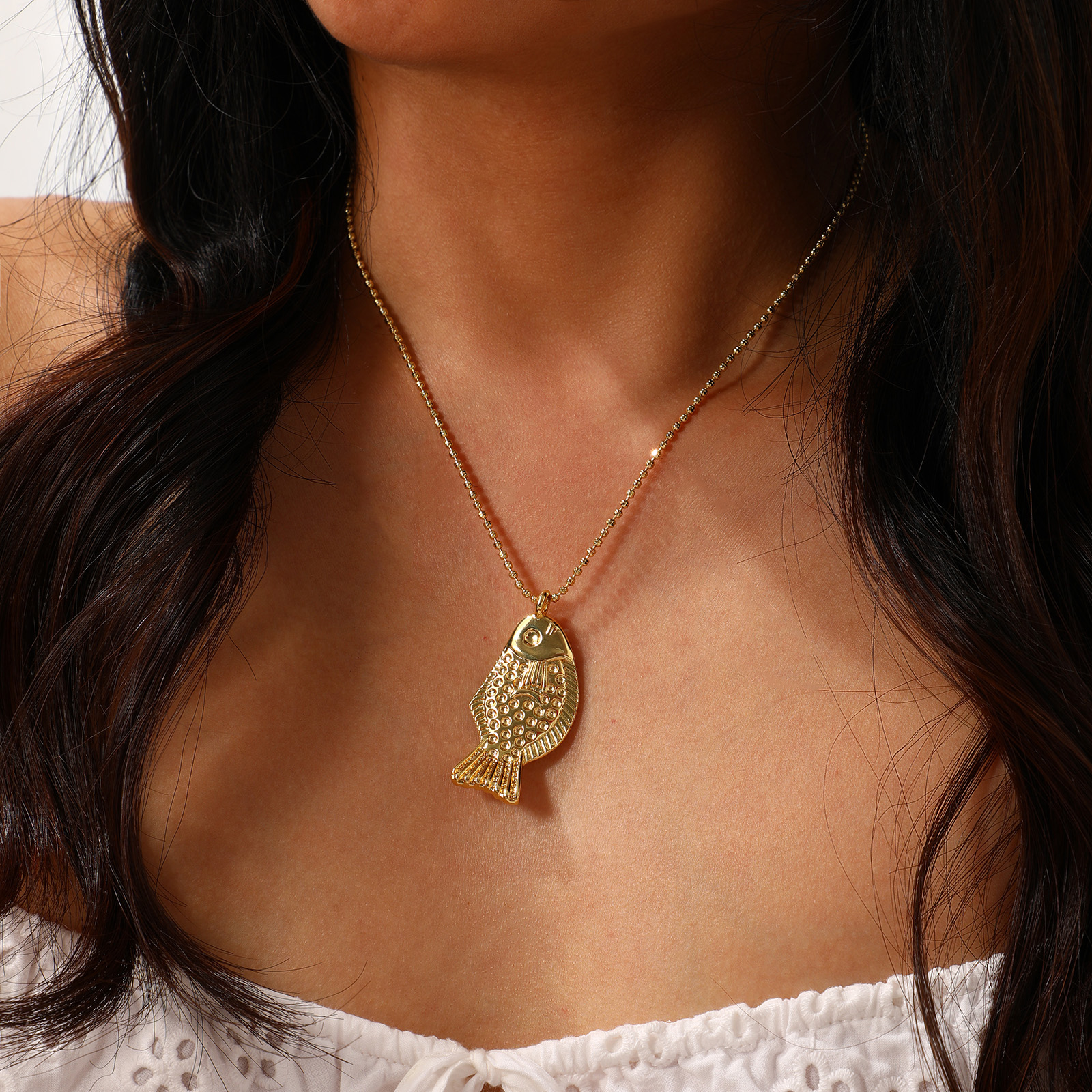 Imagen de 1 Unidad Respetuoso del Medio Ambiente Bohemia Joyería del océano 18K Oro Real Chapado Latón Cadenas de Bola Pez Collar con Colgante Unisexo Regalo 45cm + 5cm longitud