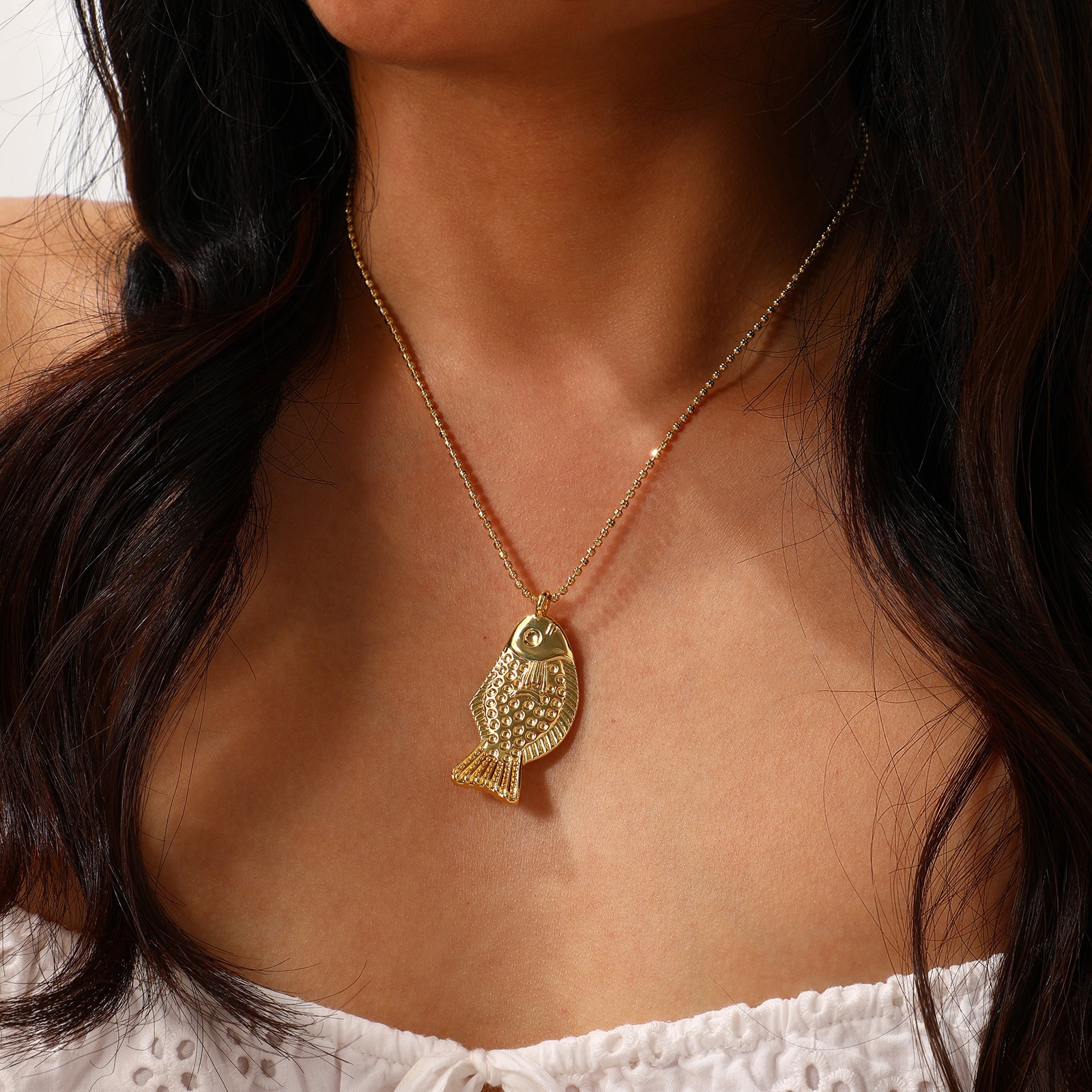 Imagen de 1 Unidad Respetuoso del Medio Ambiente Bohemia Joyería del océano 18K Oro Real Chapado Latón Cadenas de Bola Pez Collar con Colgante Unisexo Regalo 45cm + 5cm longitud