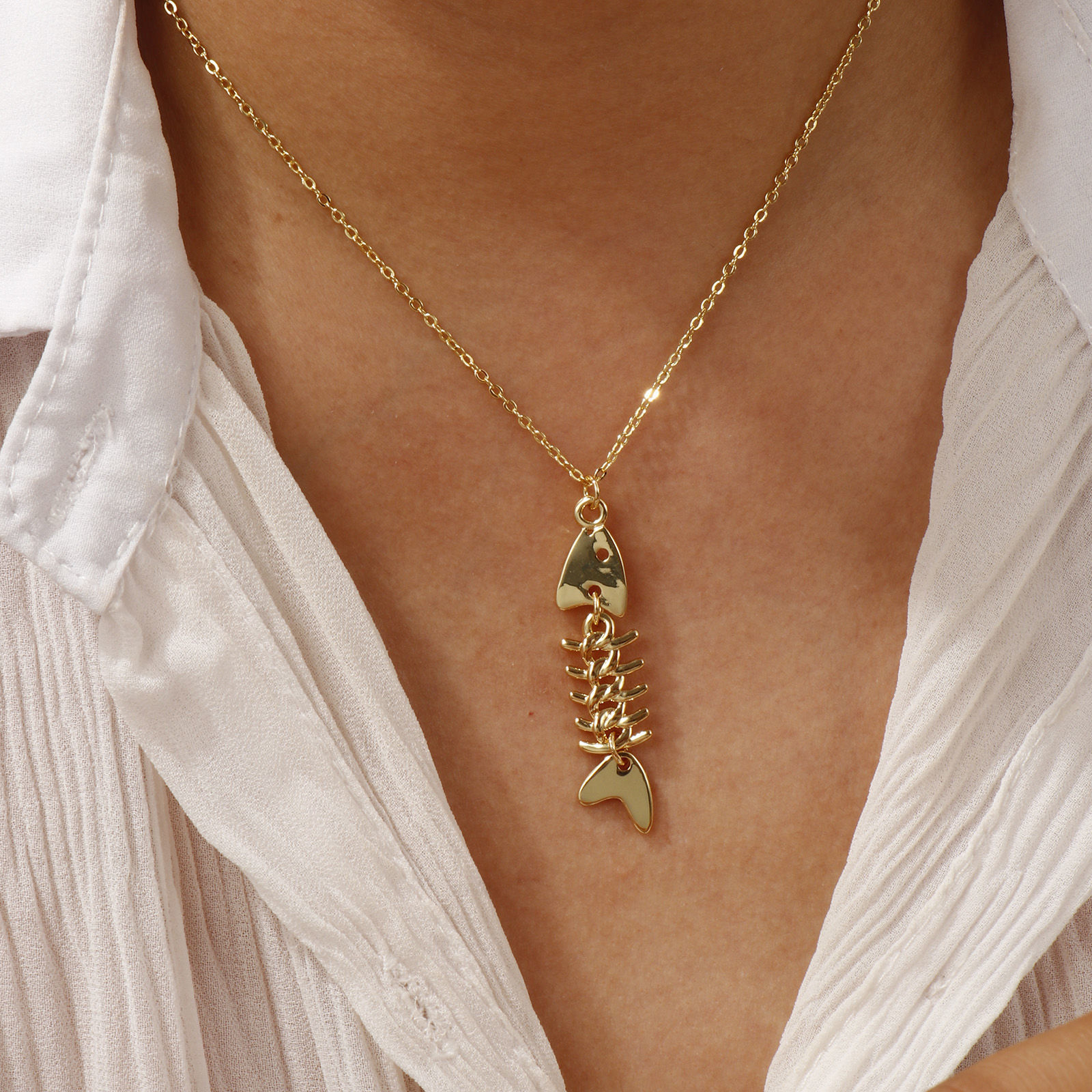 Imagen de 1 Unidad Respetuoso del Medio Ambiente Bohemia Joyería del océano 18K Oro Real Chapado Latón Cadenas de Bola Pez Collar con Colgante Unisexo Regalo 45cm + 5cm longitud