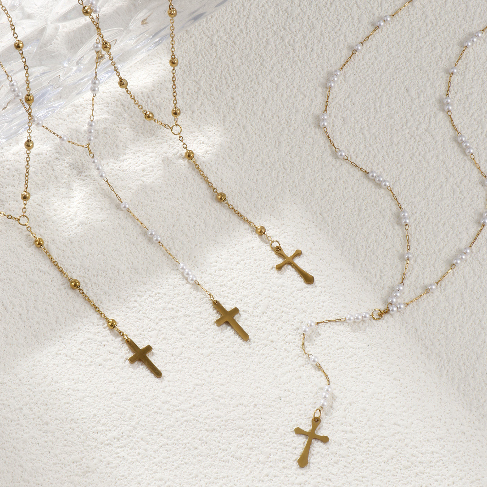 Picture of Eco-friendly PVD Vacuum Plating Exquisite Religious 18K Real Gold Plated 304 Stainless Steel Link Cable Chain Cross Prayer Beads Rosary Necklace Unisex Gift