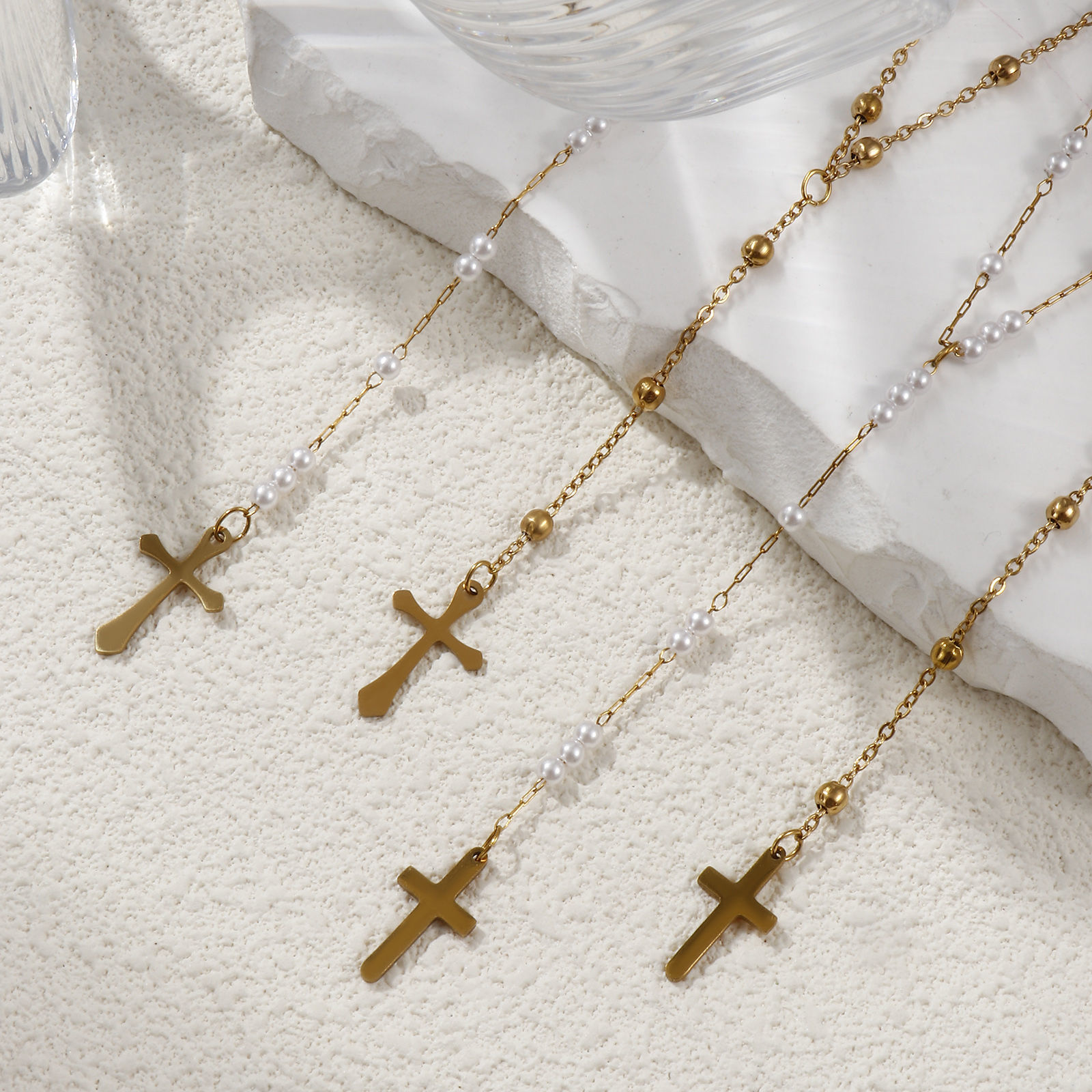 Picture of Eco-friendly PVD Vacuum Plating Exquisite Religious 18K Real Gold Plated 304 Stainless Steel Link Cable Chain Cross Prayer Beads Rosary Necklace Unisex Gift