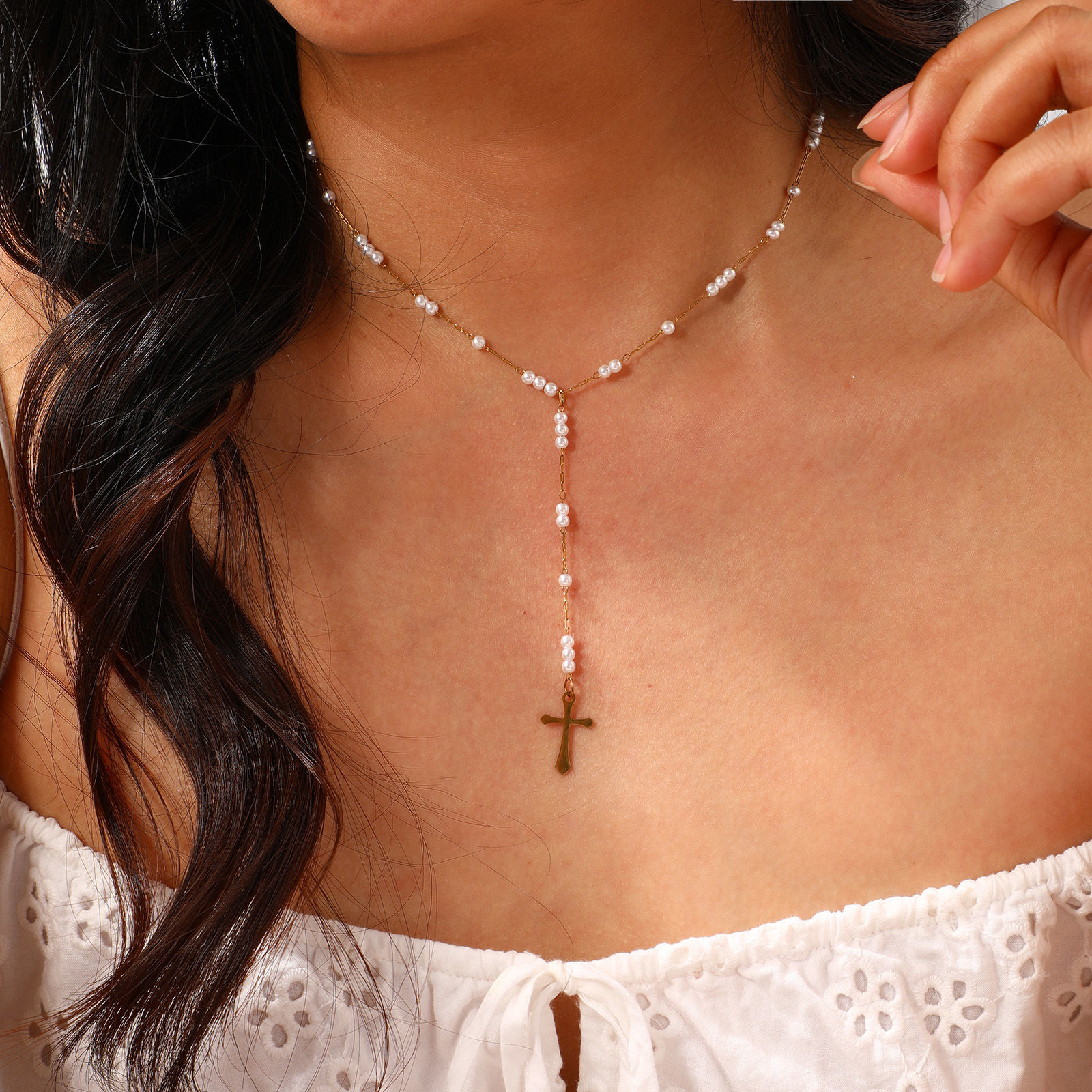 Picture of Eco-friendly PVD Vacuum Plating Exquisite Religious 18K Real Gold Plated 304 Stainless Steel Link Cable Chain Cross Prayer Beads Rosary Necklace Unisex Gift
