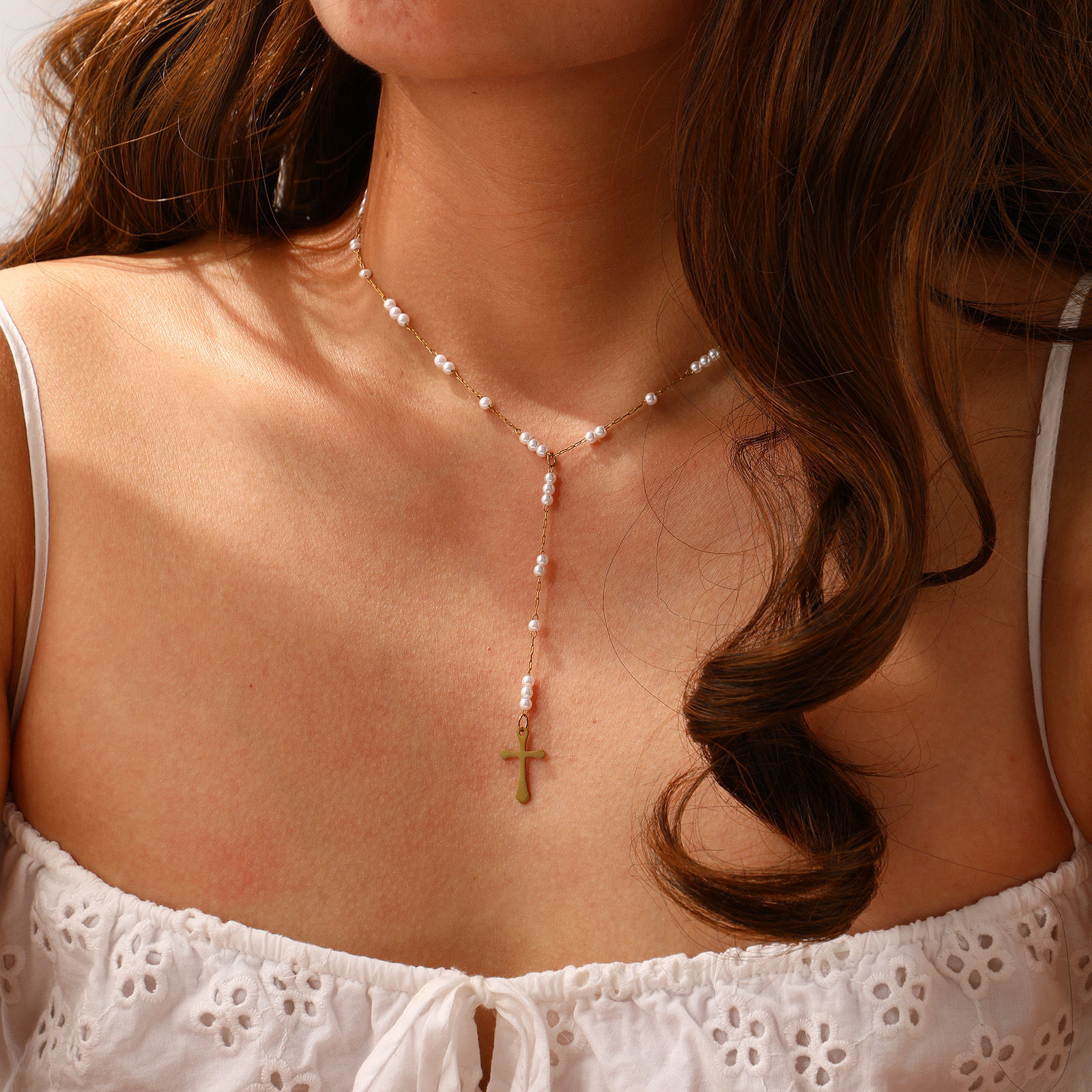 Picture of Eco-friendly PVD Vacuum Plating Exquisite Religious 18K Real Gold Plated 304 Stainless Steel Link Cable Chain Cross Prayer Beads Rosary Necklace Unisex Gift