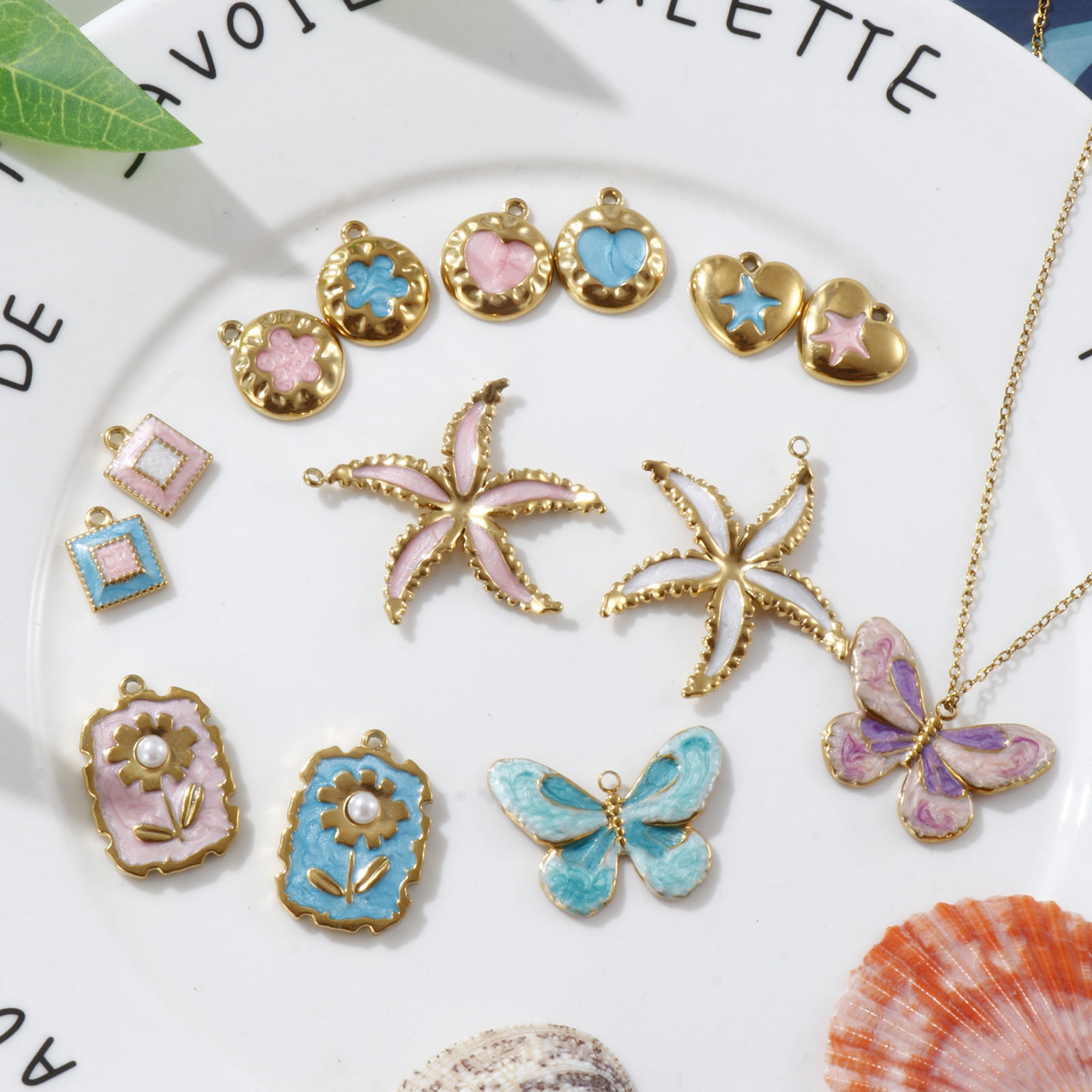 Picture of Eco-friendly PVD Vacuum Plating 304 Stainless Steel Charms 18K Real Gold Plated Multicolor Enamel Butterfly Animal Star Fish