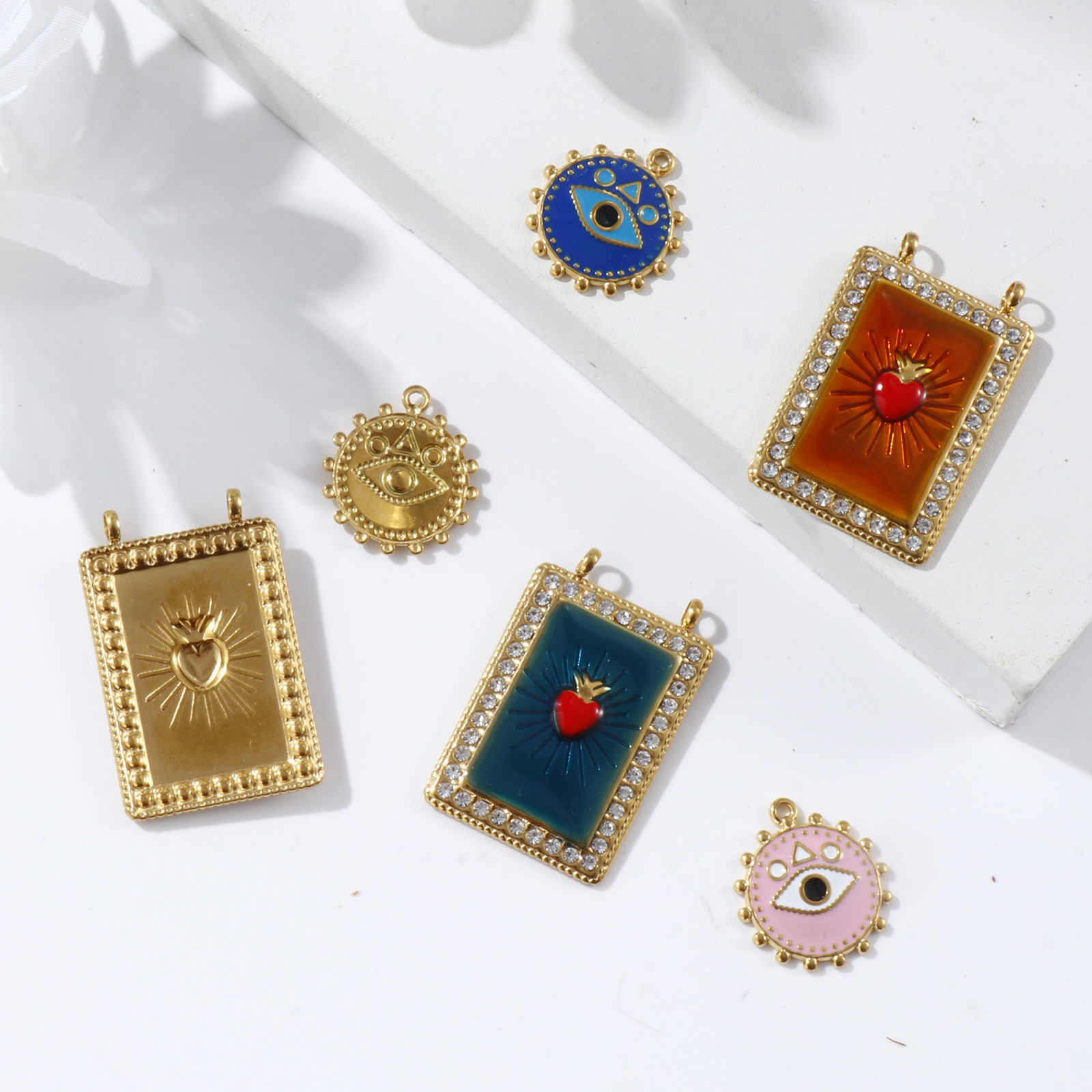 Picture of Eco-friendly PVD Vacuum Plating 304 Stainless Steel Religious Charms 18K Real Gold Plated Multicolor Enamel Ex Voto Heart Eye of Providence/ All-seeing Eye