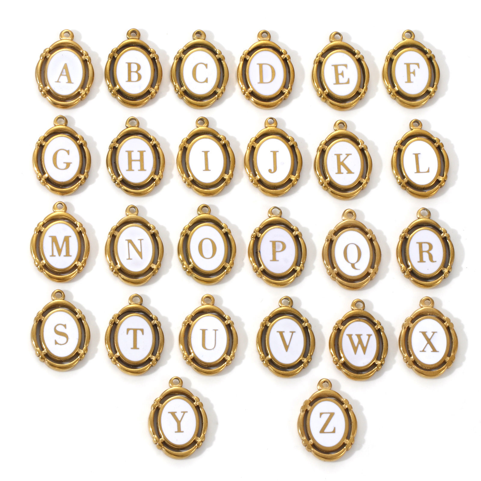Picture of Eco-friendly PVD Vacuum Plating 304 Stainless Steel Charms 18K Gold Plated White Enamel Oval Capital Alphabet Initial Letter Message " A-Z " Hollow 20mm x 14mm