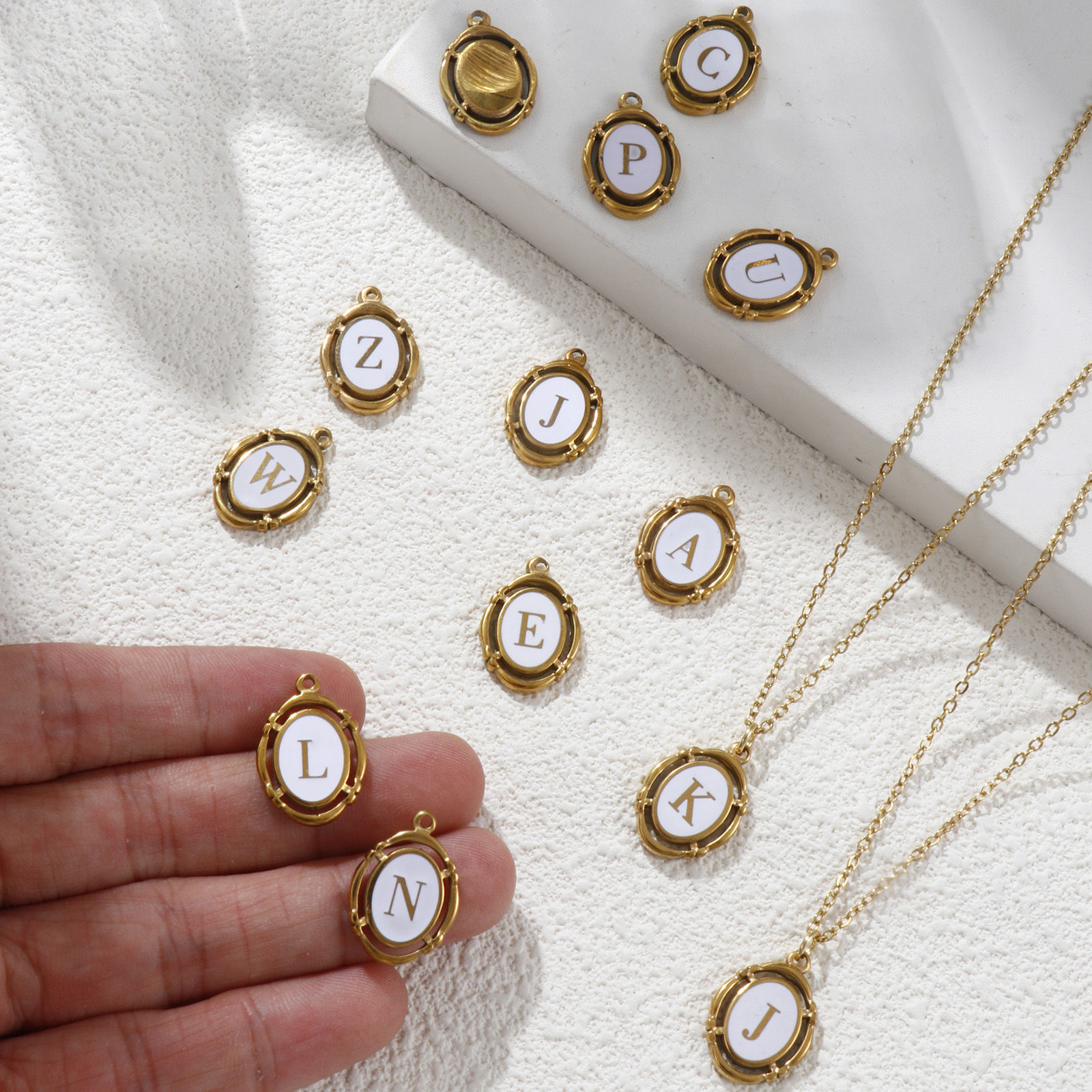 Picture of Eco-friendly PVD Vacuum Plating 304 Stainless Steel Charms 18K Gold Plated White Enamel Oval Capital Alphabet Initial Letter Message " A-Z " Hollow 20mm x 14mm