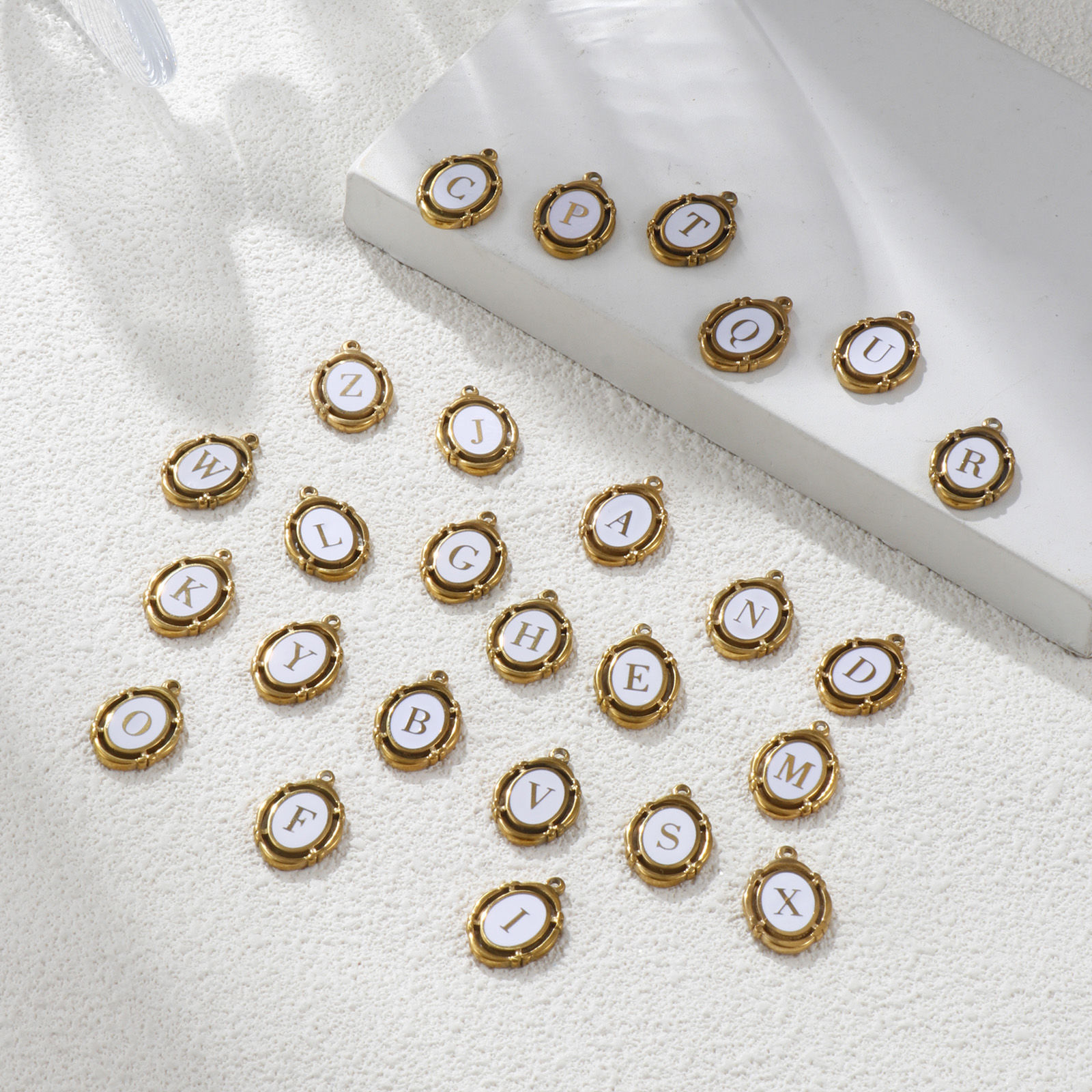 Picture of Eco-friendly PVD Vacuum Plating 304 Stainless Steel Charms 18K Gold Plated White Enamel Oval Capital Alphabet Initial Letter Message " A-Z " Hollow 20mm x 14mm