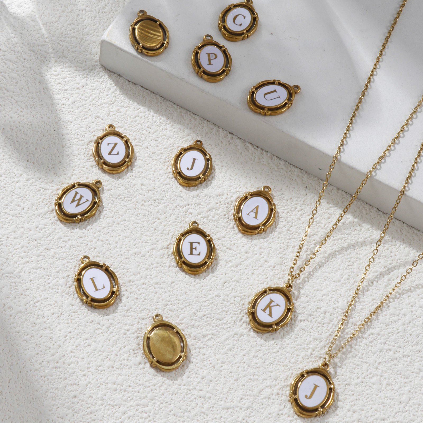 Picture of Eco-friendly PVD Vacuum Plating 304 Stainless Steel Charms 18K Gold Plated White Enamel Oval Capital Alphabet Initial Letter Message " A-Z " Hollow 20mm x 14mm