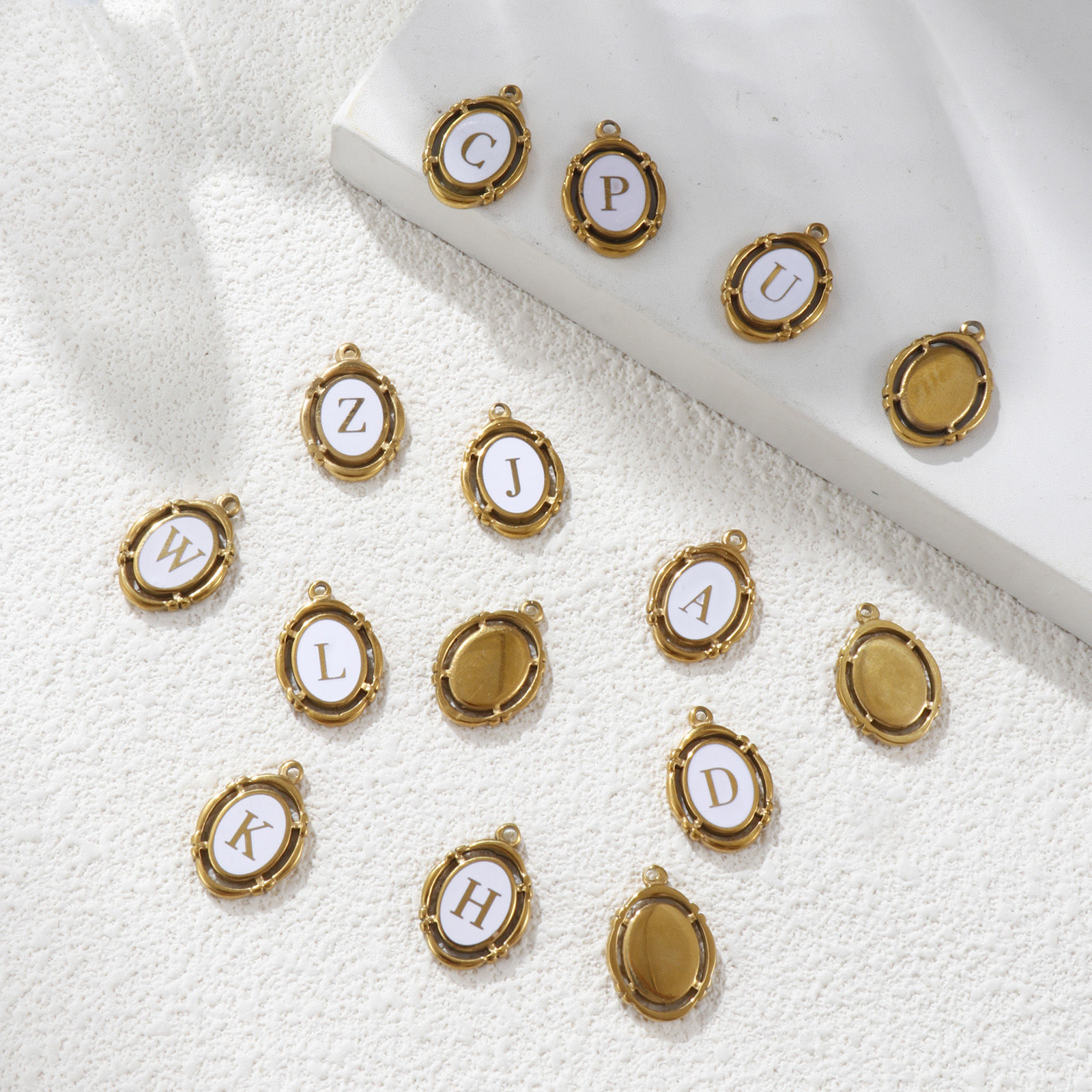 Picture of Eco-friendly PVD Vacuum Plating 304 Stainless Steel Charms 18K Gold Plated White Enamel Oval Capital Alphabet Initial Letter Message " A-Z " Hollow 20mm x 14mm