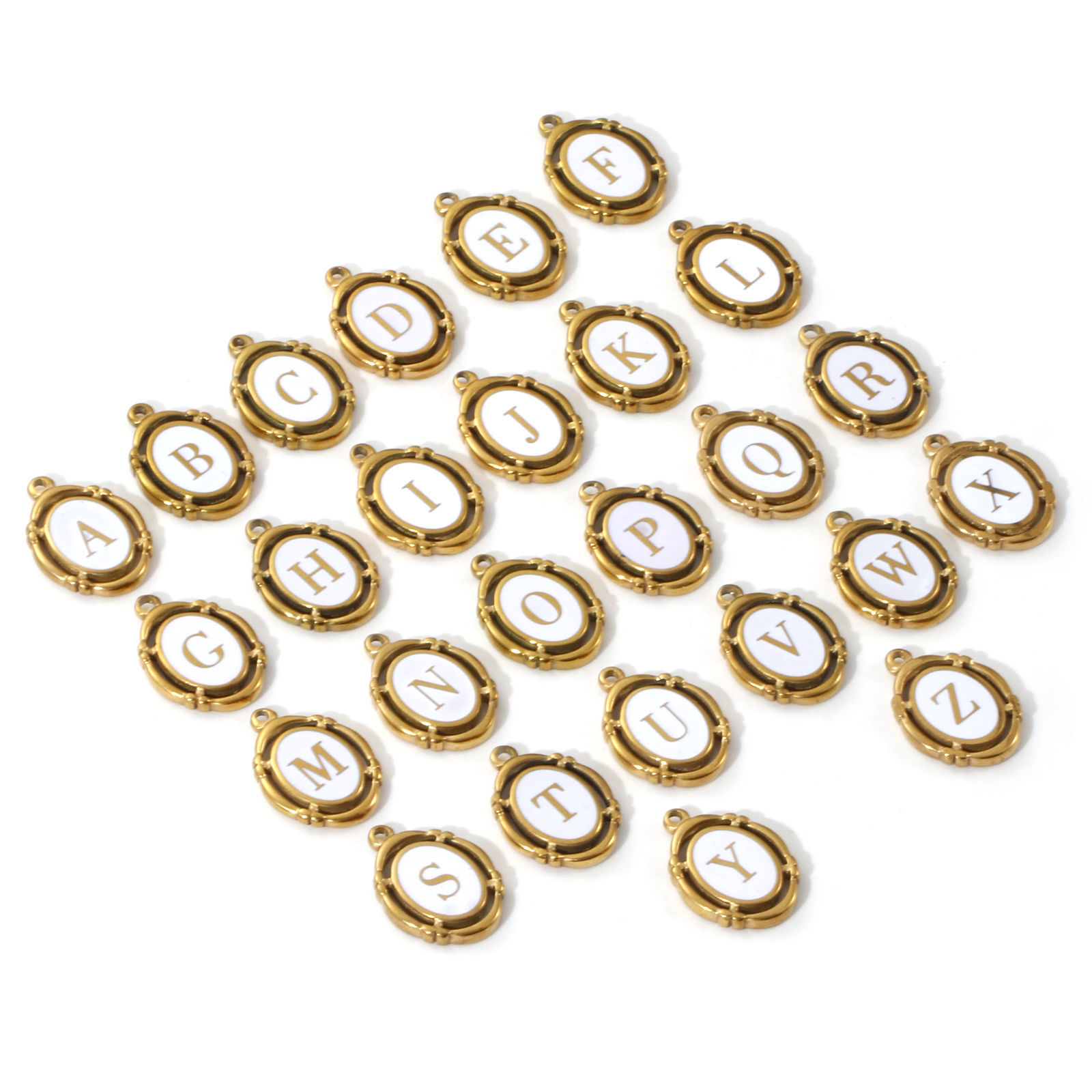 Picture of Eco-friendly PVD Vacuum Plating 304 Stainless Steel Charms 18K Gold Plated White Enamel Oval Capital Alphabet Initial Letter Message " A-Z " Hollow 20mm x 14mm