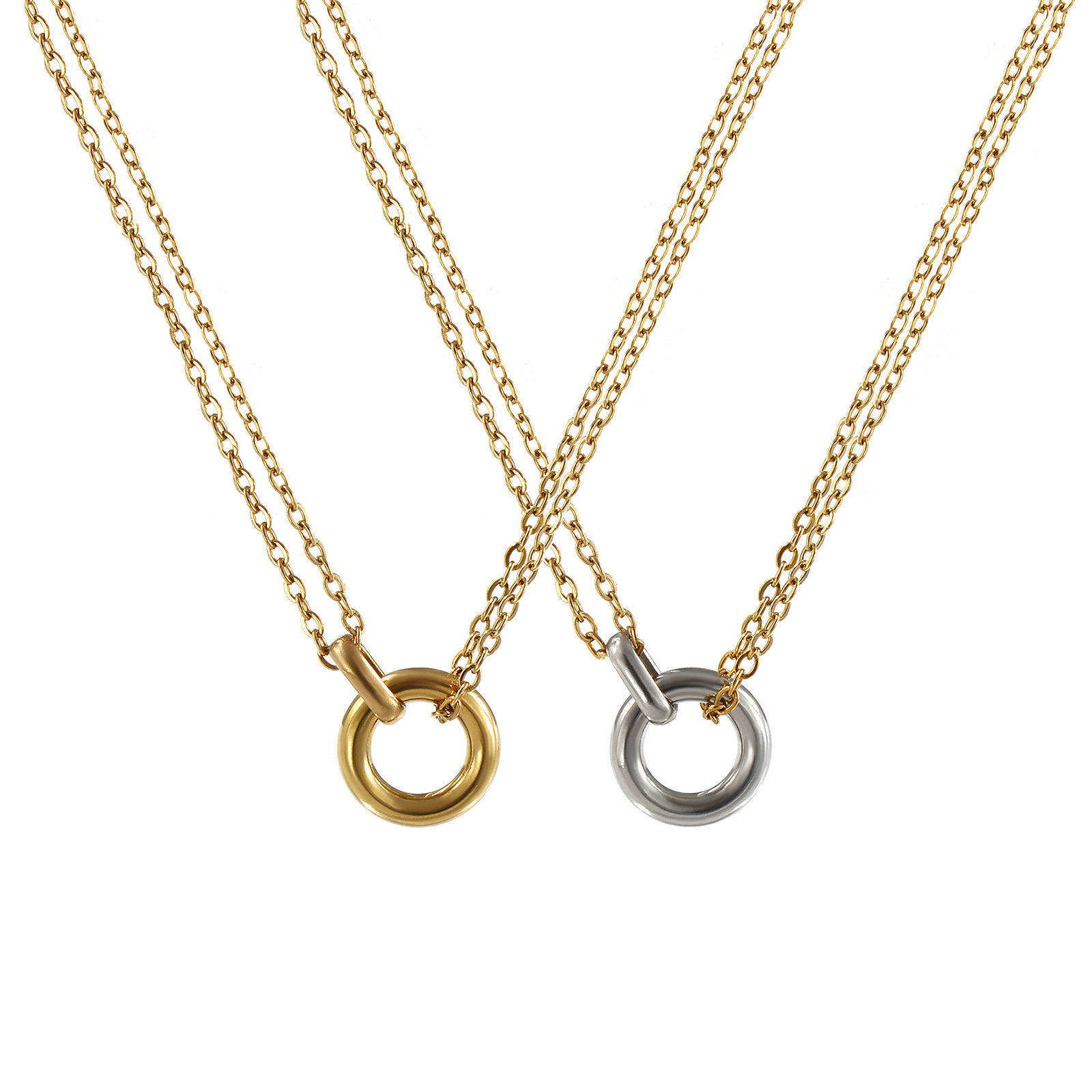 Picture of Eco-friendly PVD Vacuum Plating Minimalist 18K Real Gold Plated 304 Stainless Steel Link Cable Chain Circle Ring Pendant Charm Necklace For Women Gift 42cm(16.5") + 8cm(3.1") long